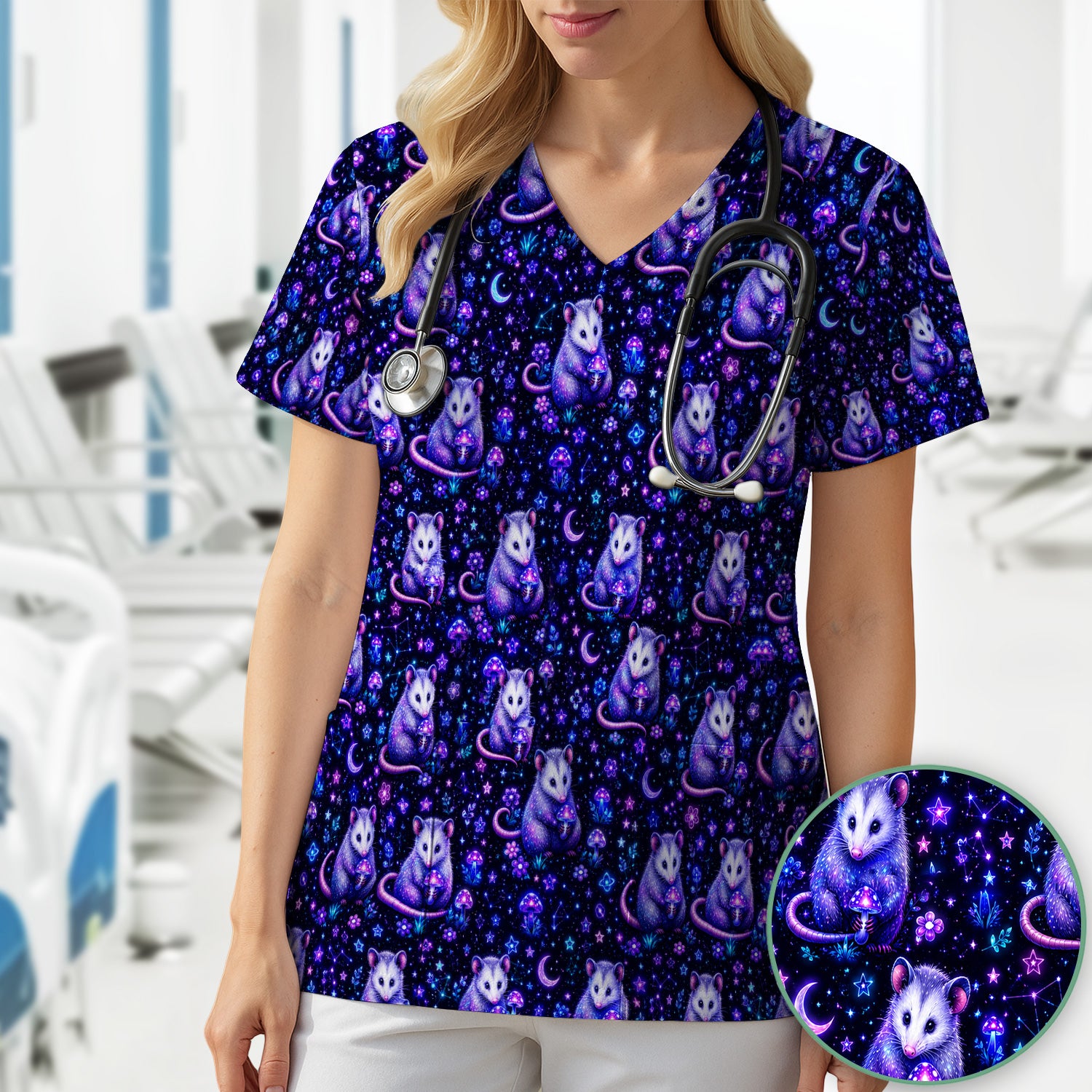 Neon Opossum Mushroom Galaxy Pattern Scrub Top, Comfortable Scrubs for Nurses