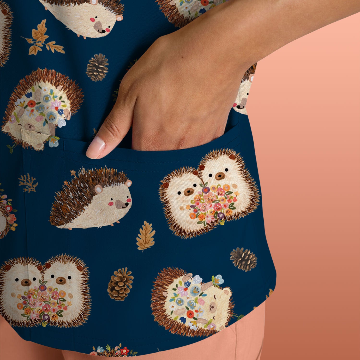 Cute Hedgehog Floral Scrub Top, Breathable Fabrics Nursing Uniform