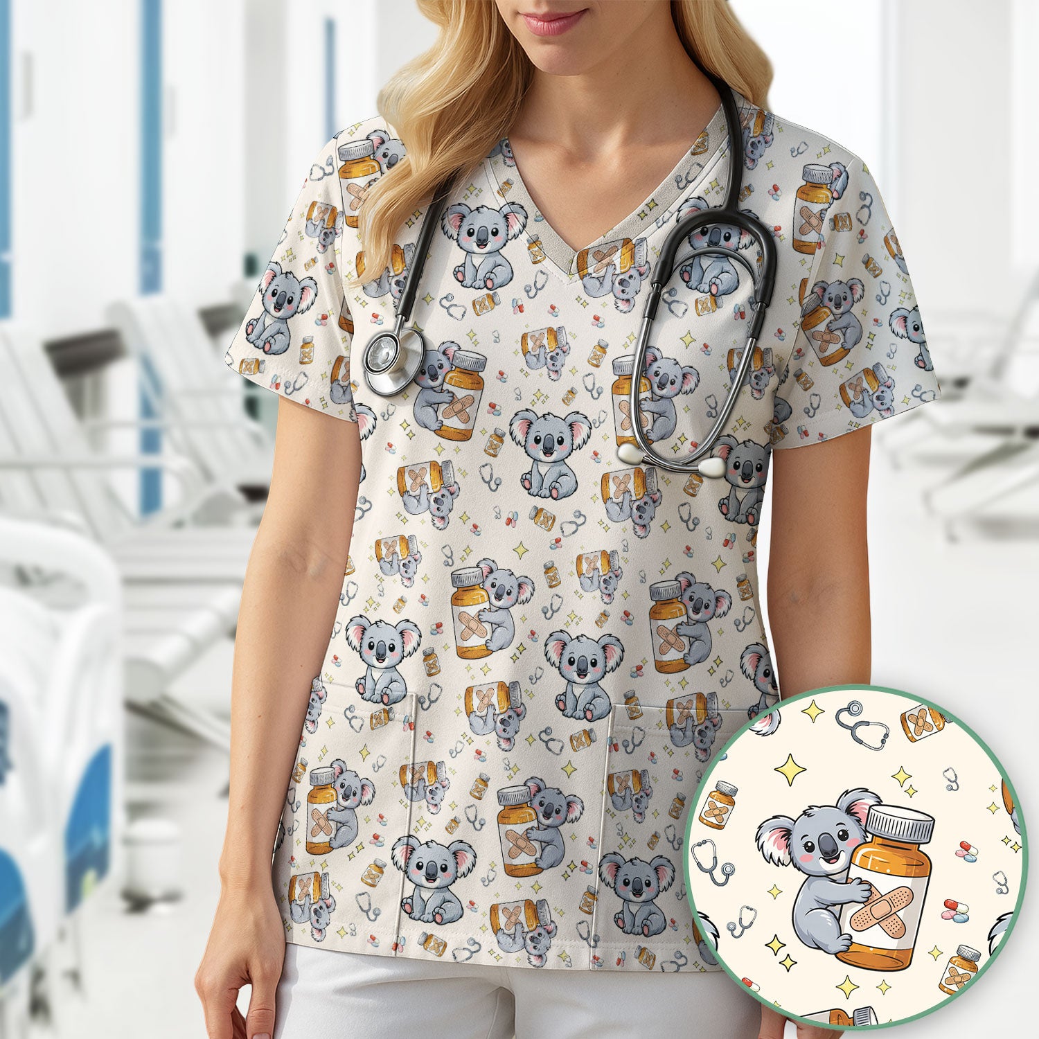 Cute Koala Nurse Bandage Medicine Print Scrub Top, Comfortable Scrubs for Nurses
