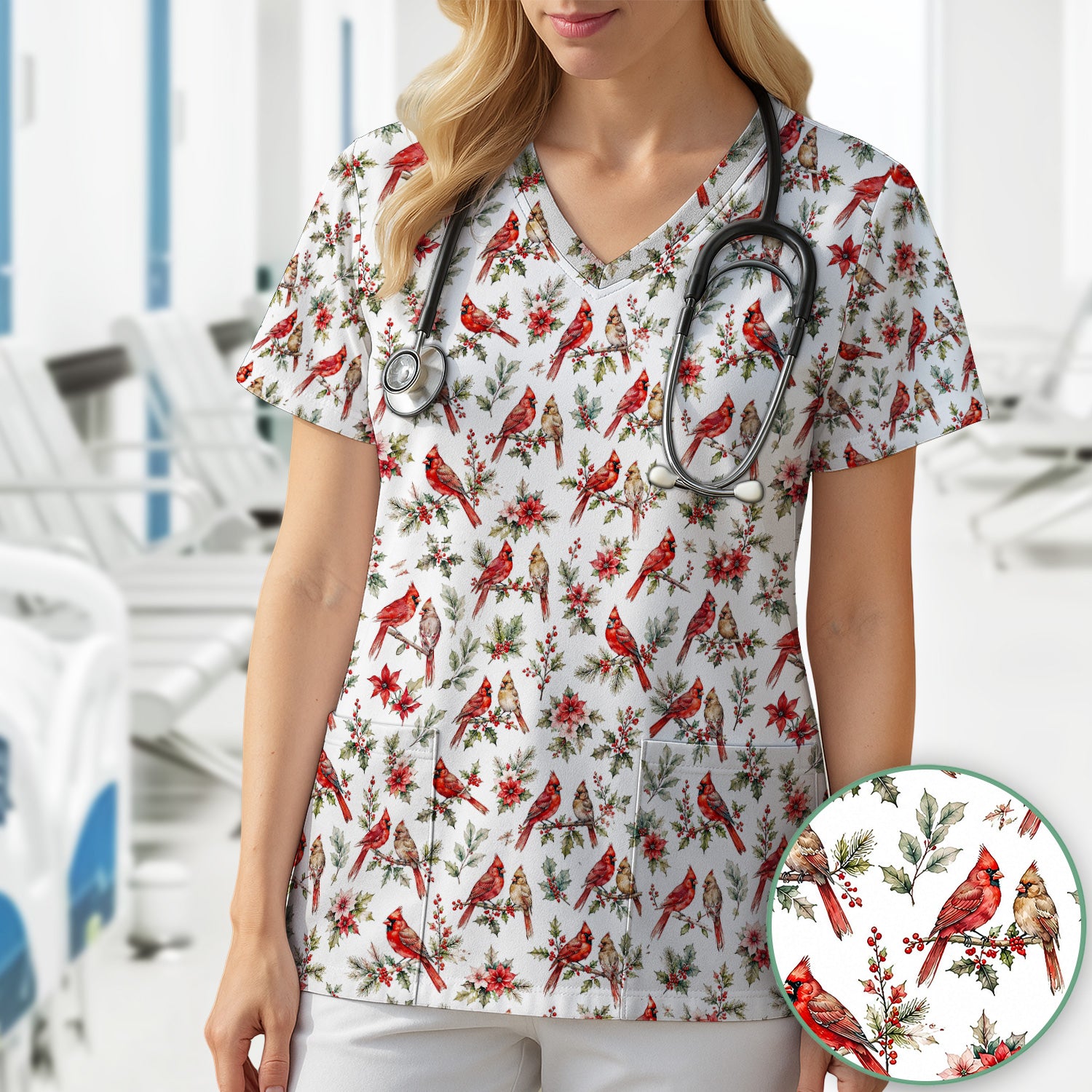 Festive Cardinal and Holly Scrub Top, Comfortable Scrubs for Nurses