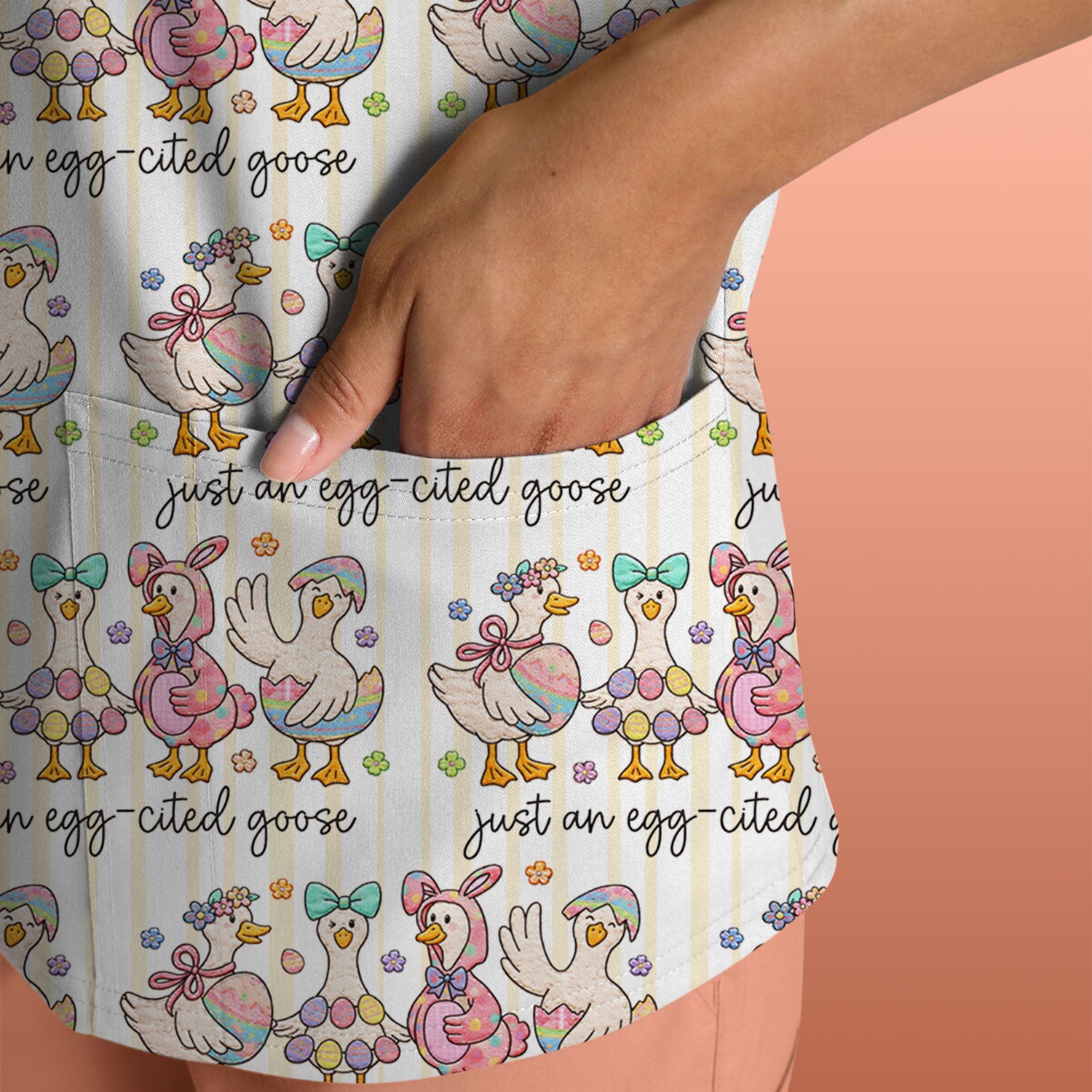 Cute Easter Goose Egg Pattern Scrubs Top, Breathable Fabrics Nursing Uniform