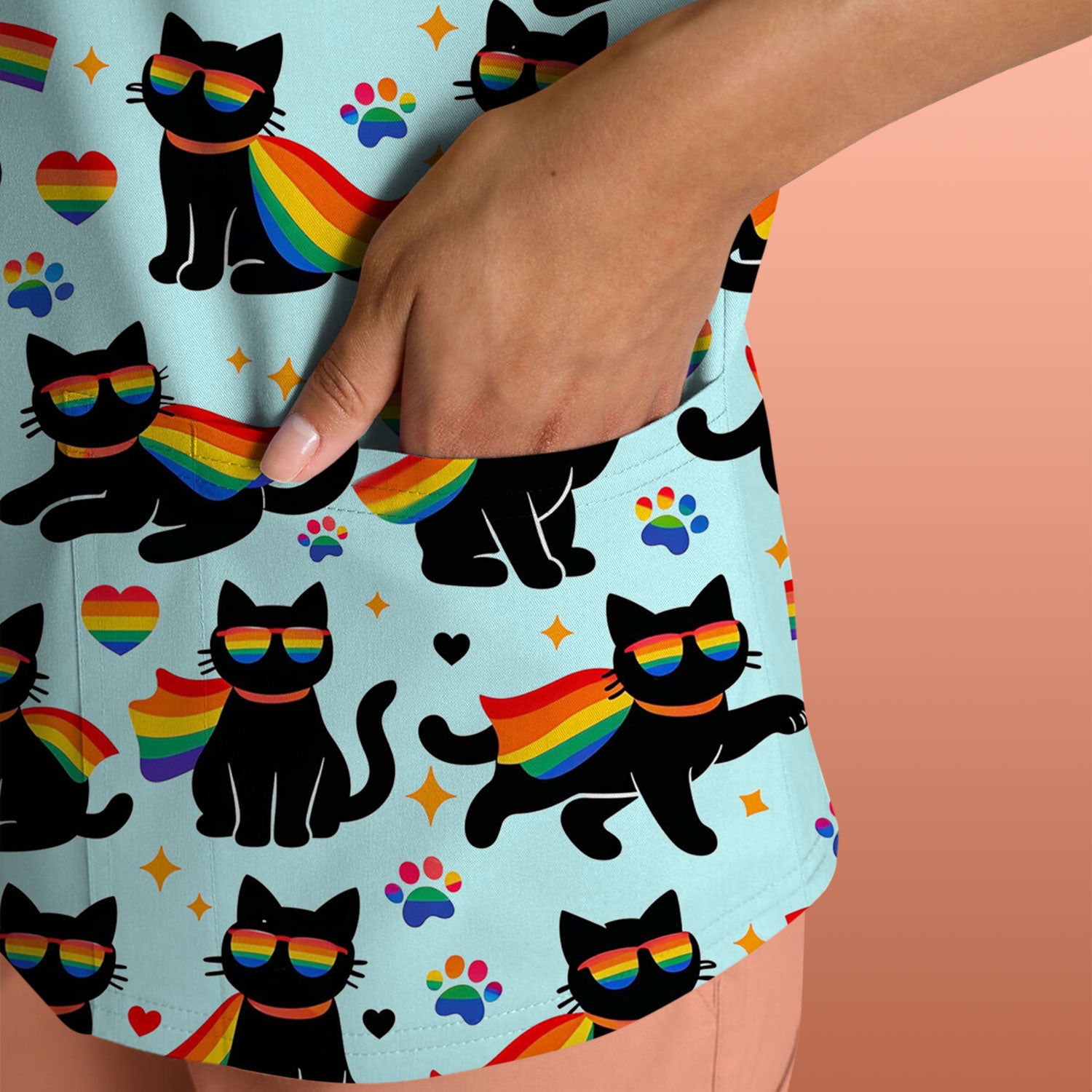 Rainbow Black Cat Pride Pattern Scrub Top, Breathable Fabrics Nursing Uniform