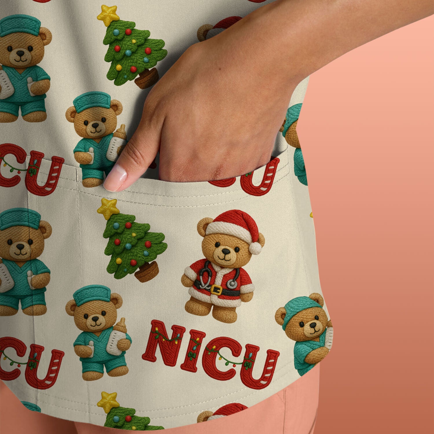 Festive Christmas NICU Nurse Teddy Bear Pattern, Breathable Fabrics Nursing Uniform