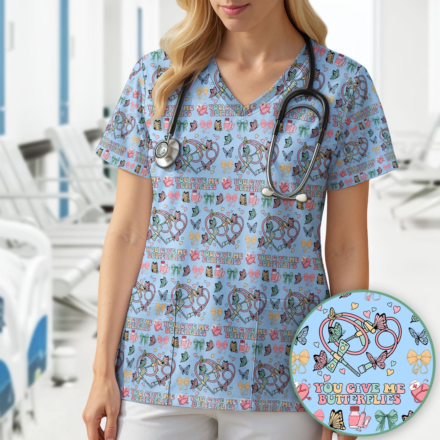 Butterfly Heart Valentine Medical Pattern Scrub Top, Comfortable Scrubs for Nurses