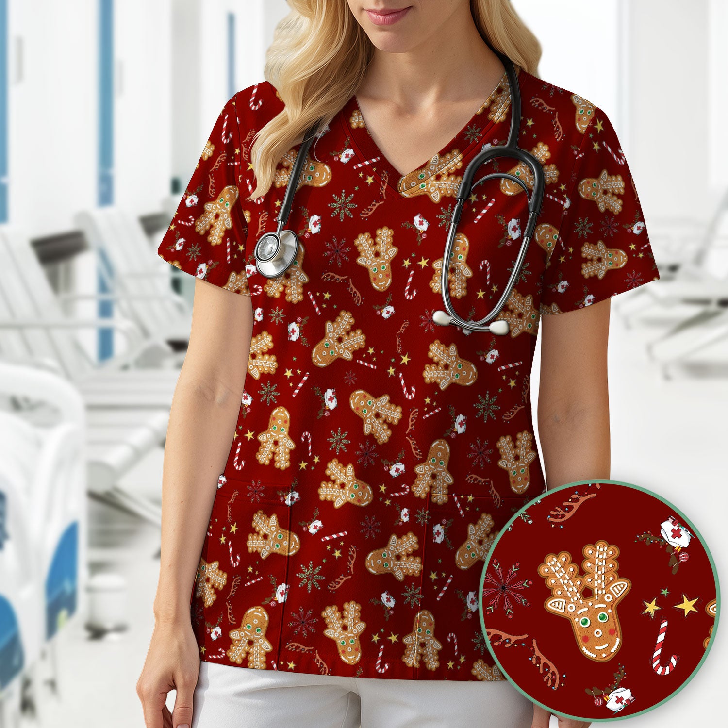 Gingerbread Cookies Reindeer Scrub Top - Funny Christmas Gingerbread Breathable Med Uniform - Comfortable Scrubs for RN CNA LPN