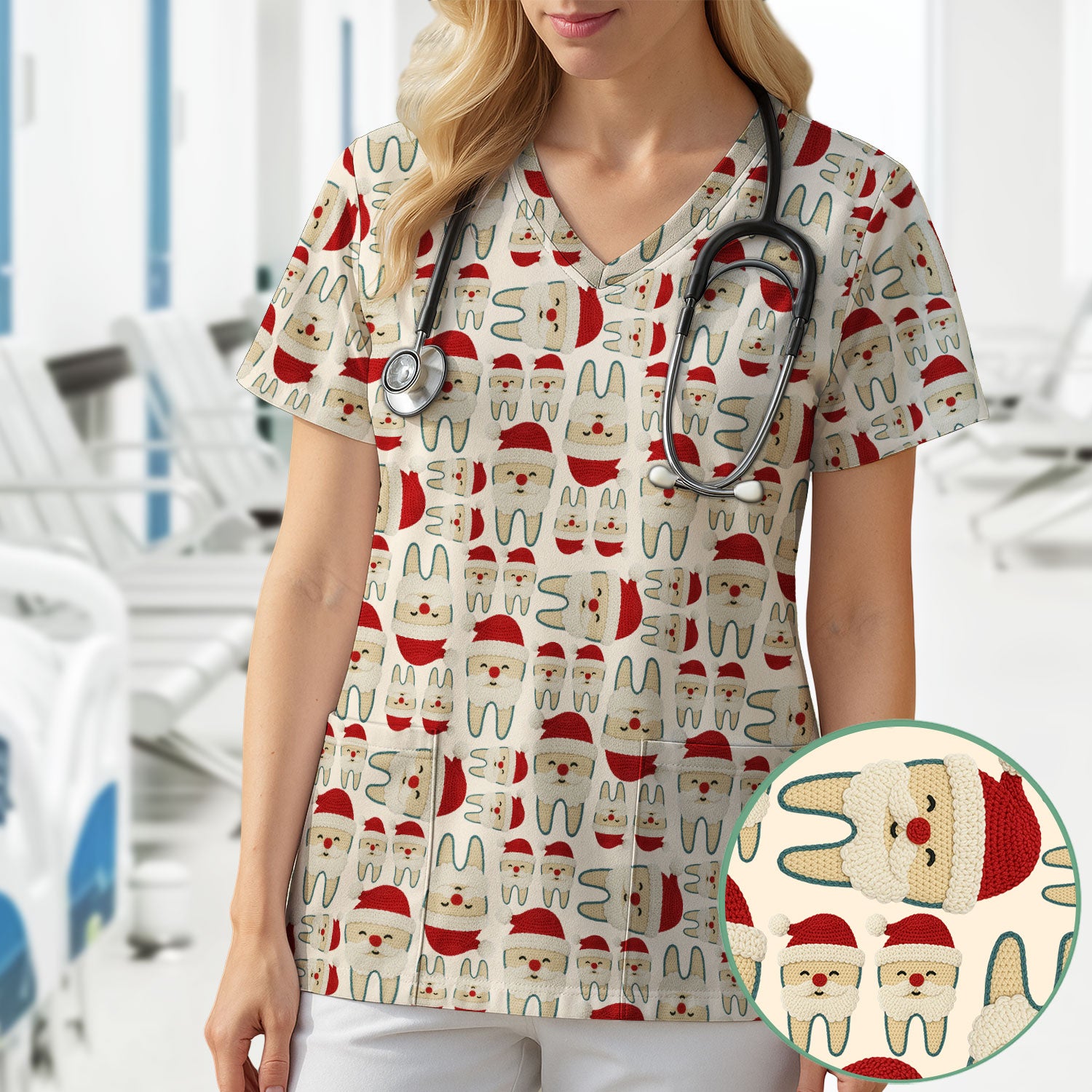 Christmas Tooth Scrub Top - Cute Santa Tooth Pattern for Dentists & Hygienists - Crochet Style Holiday Medical Uniform for Women