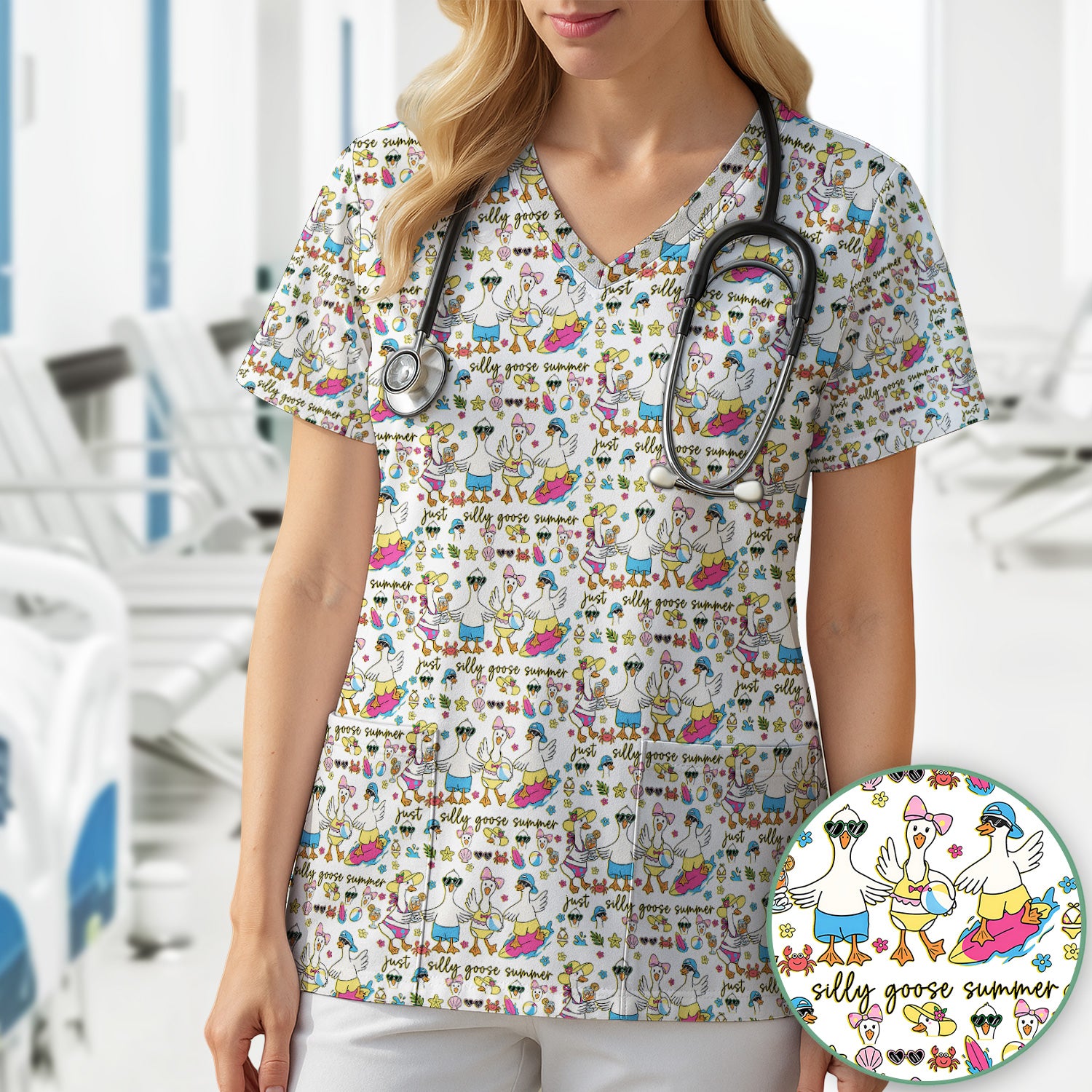 Silly Goose Summer Pattern Scrub Top, Breathable Fabrics Nursing Uniform