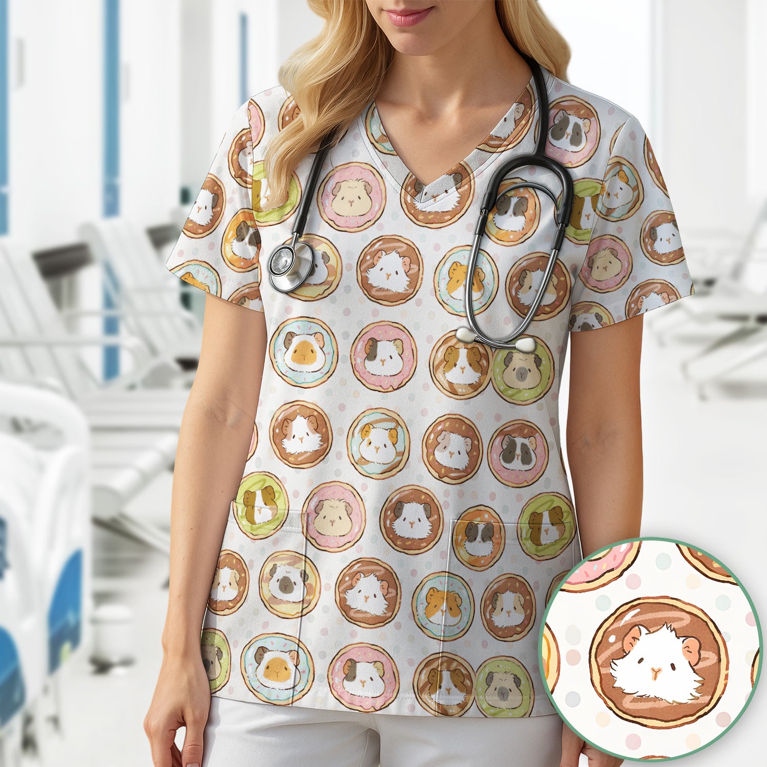 Cute Guinea Pig Donut Circle Pattern Scrub Top, Comfortable Scrubs for Nurses