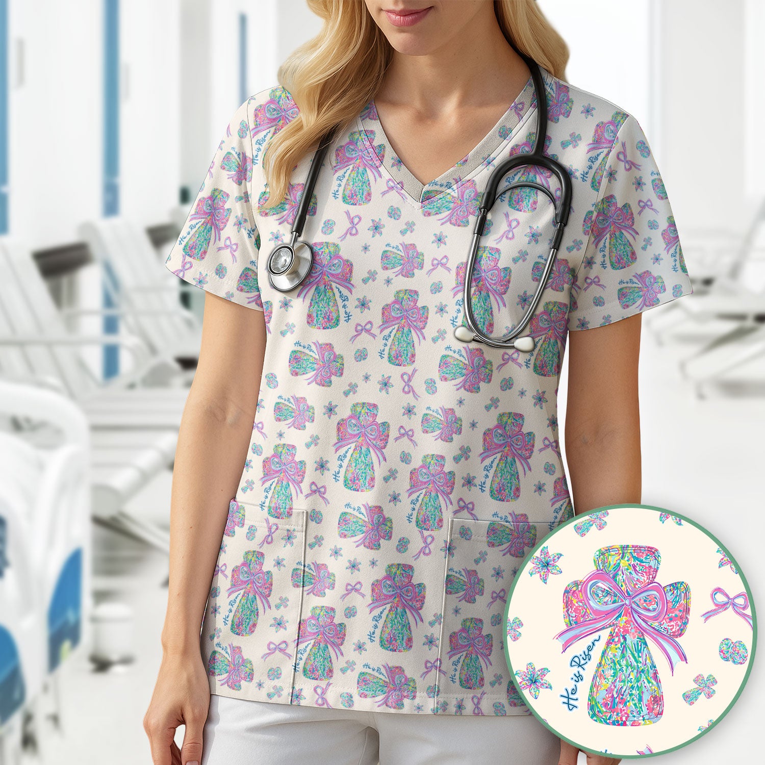 Colorful Bow Pattern Scrub Top, Breathable Fabrics Nursing Uniform