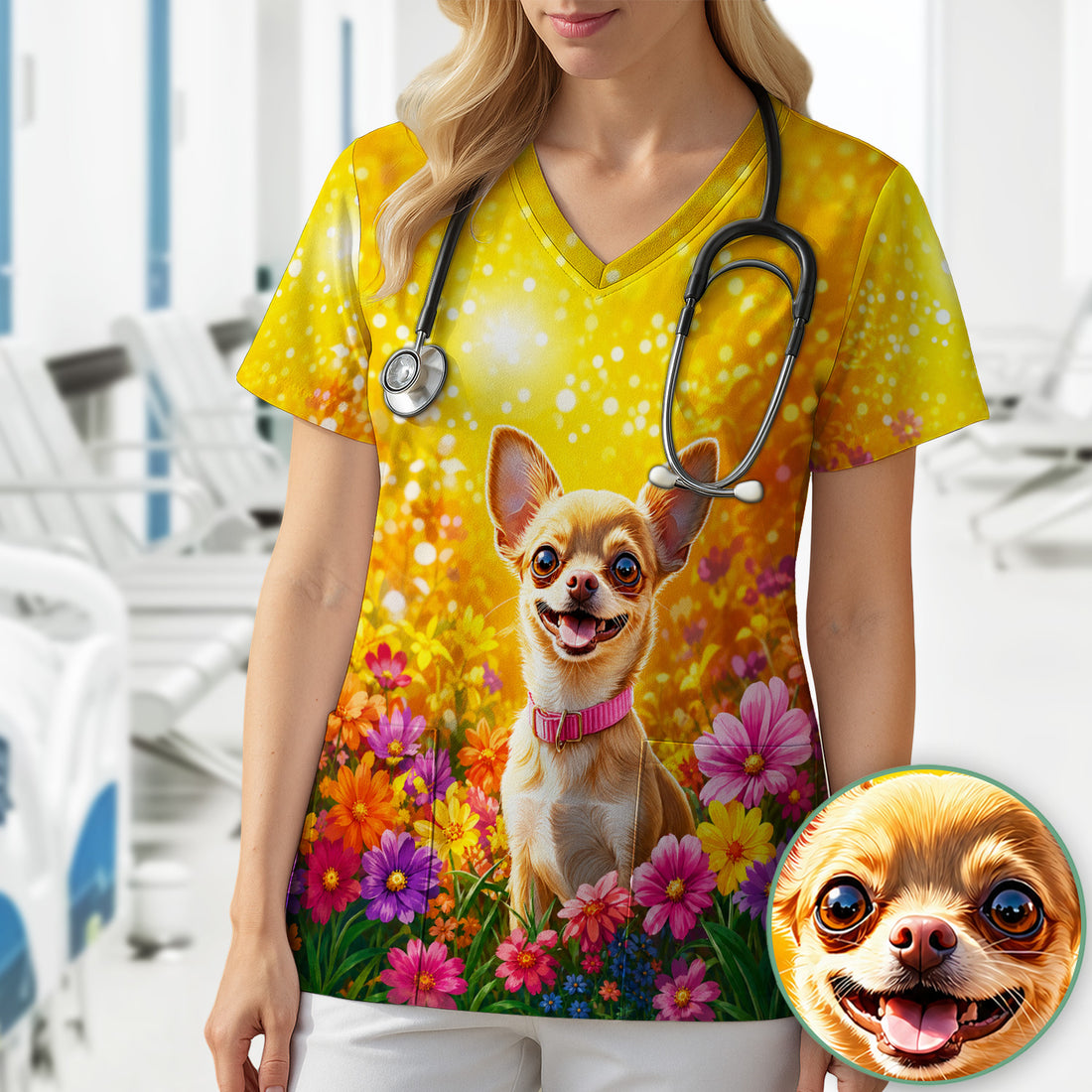 Cute Chihuahua Flower Meadow Pattern Scrub Top, Comfortable Scrubs for Nurses