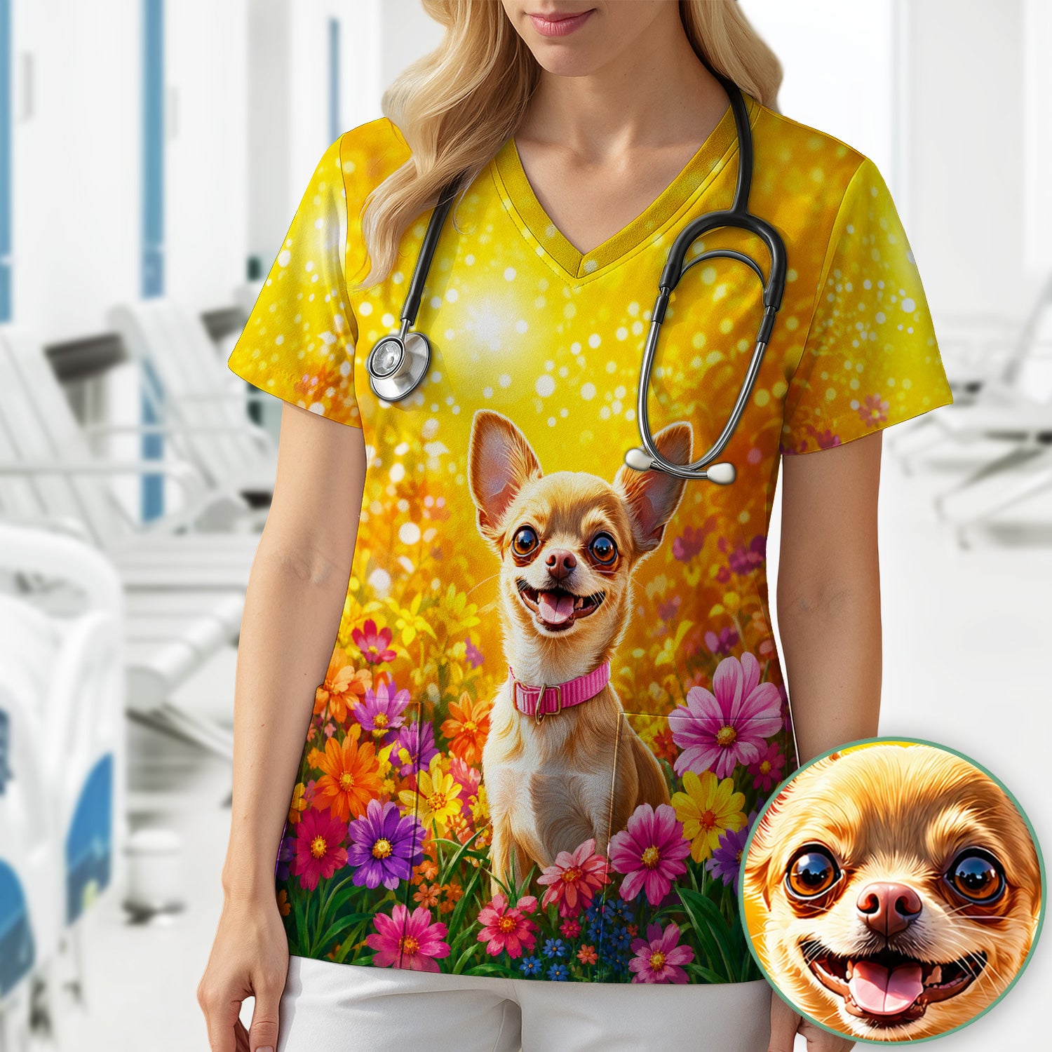 Cute Chihuahua Flower Meadow Pattern Scrub Top, Comfortable Scrubs for Nurses