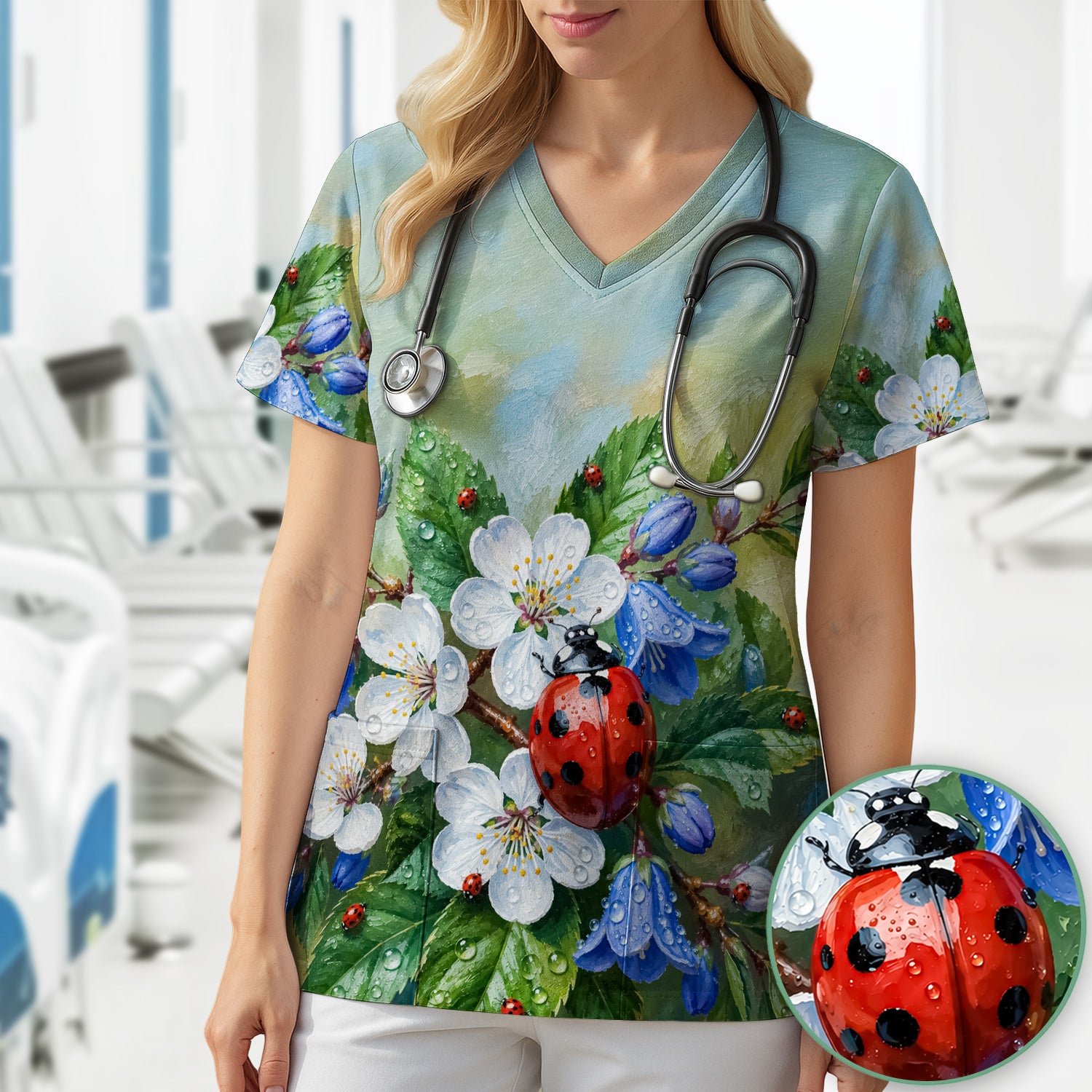 Cute Ladybug Blossom Garden Pattern Scrub Top, Comfortable Scrubs for Nurses