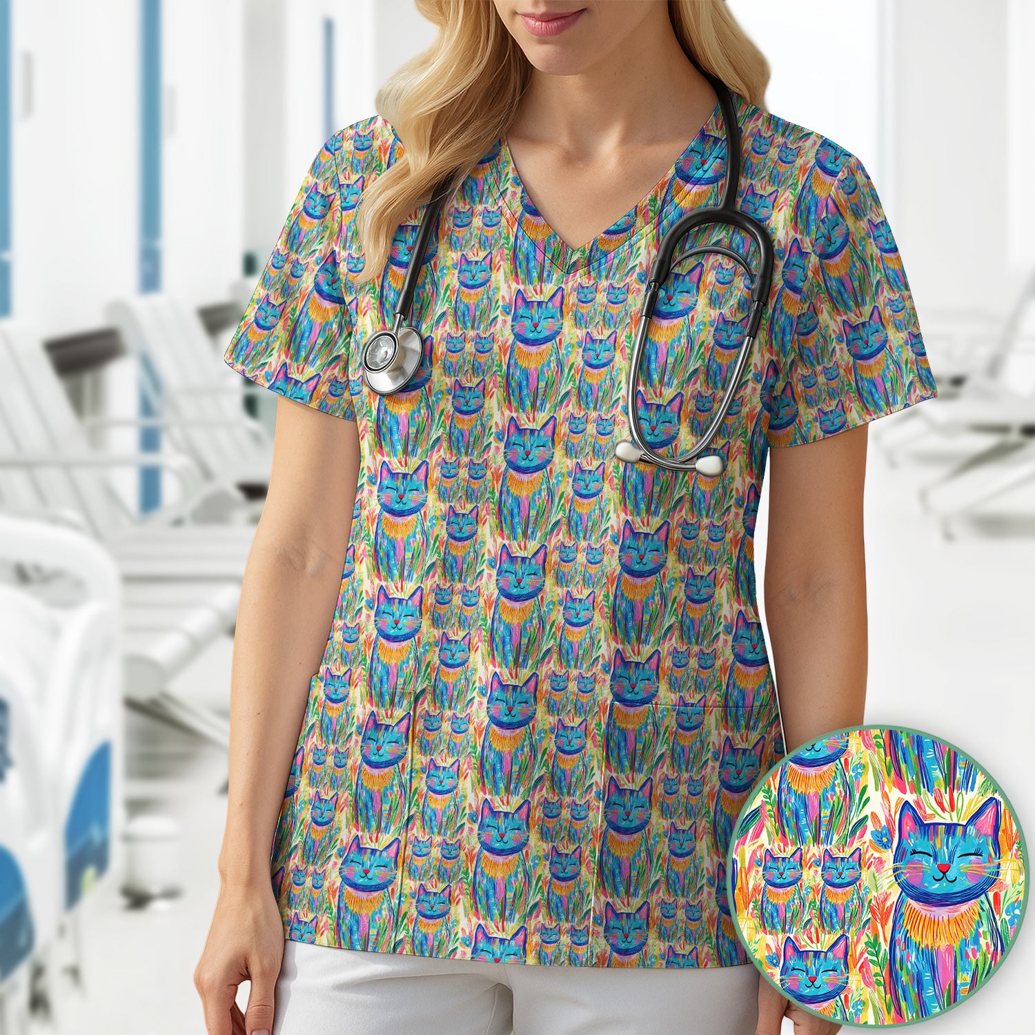 Colorful Rainbow Cat With Floral Brushstroke Scrub Top, Breathable Fabrics Nursing Uniform