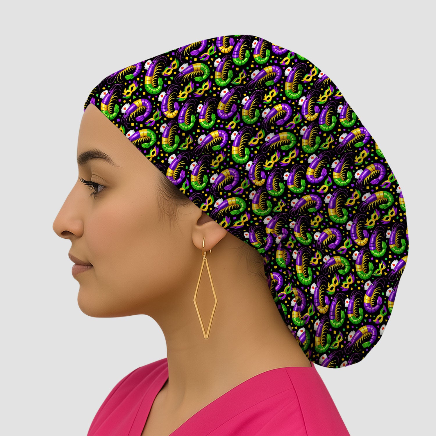 Mardi Gras Pattern Scrub Cap, Crawfish Carnival Medical Nurse Scrub Hat, Breathable Fabrics Nursing Uniform
