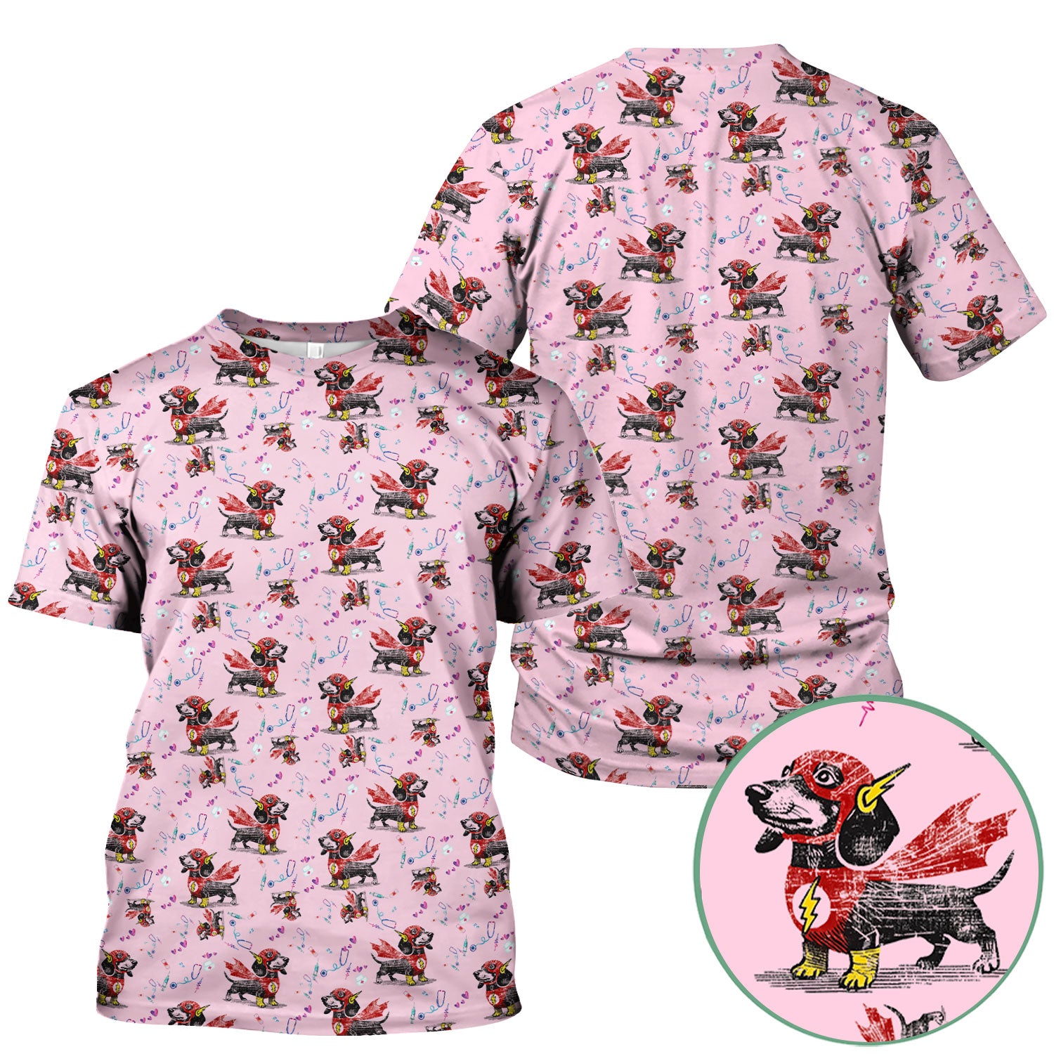 Dachshund Hero Scrub Top for Nurses - Super Nurse Funny Flash Dog Print Medical Uniform Shirt - Cute Sausage Dog Gift for RN CNA LPN