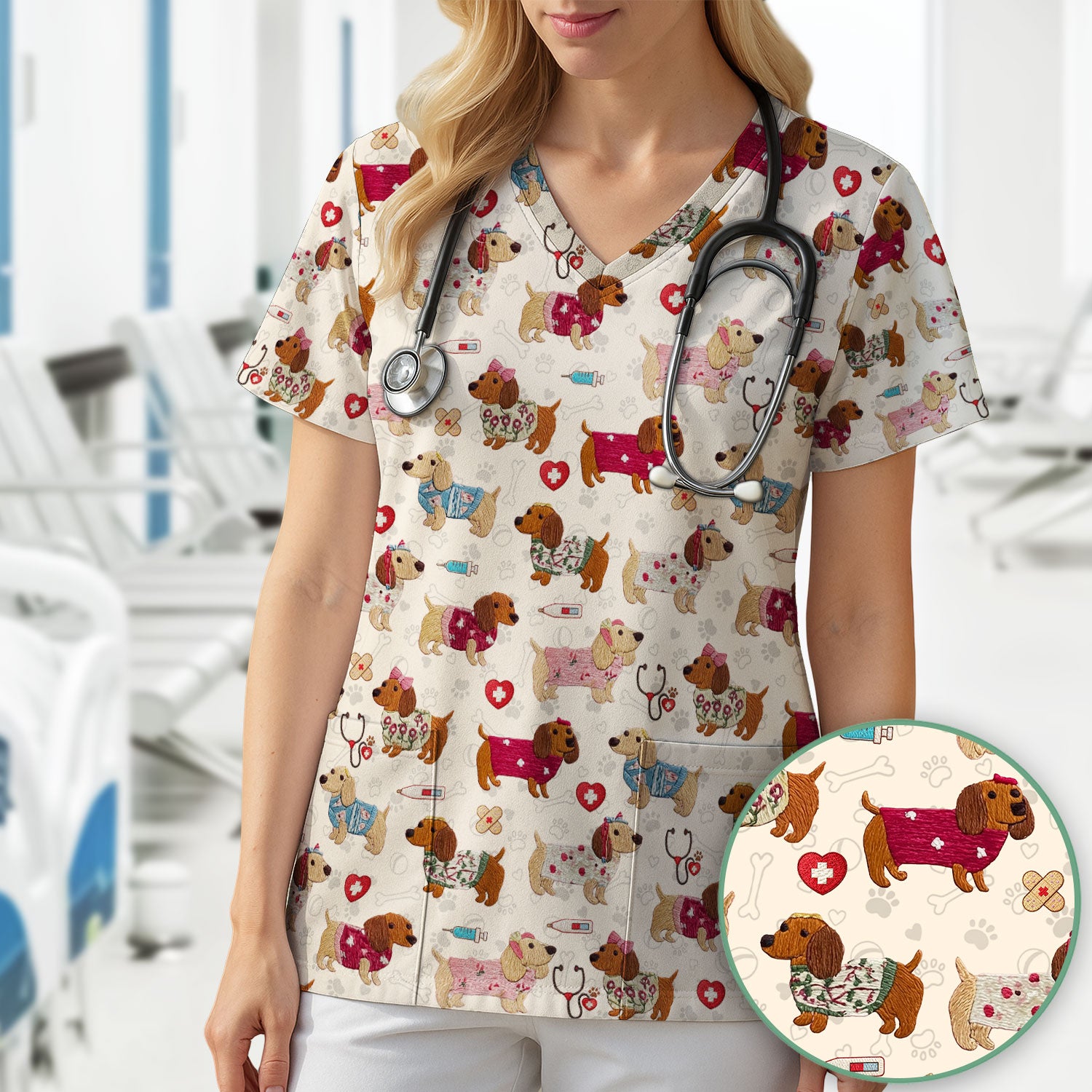 Cute Medical Wiener Dog Pattern Nurse Shirt, Dachshund Nursing Scrub Top, Breathable Fabrics Nursing Uniform