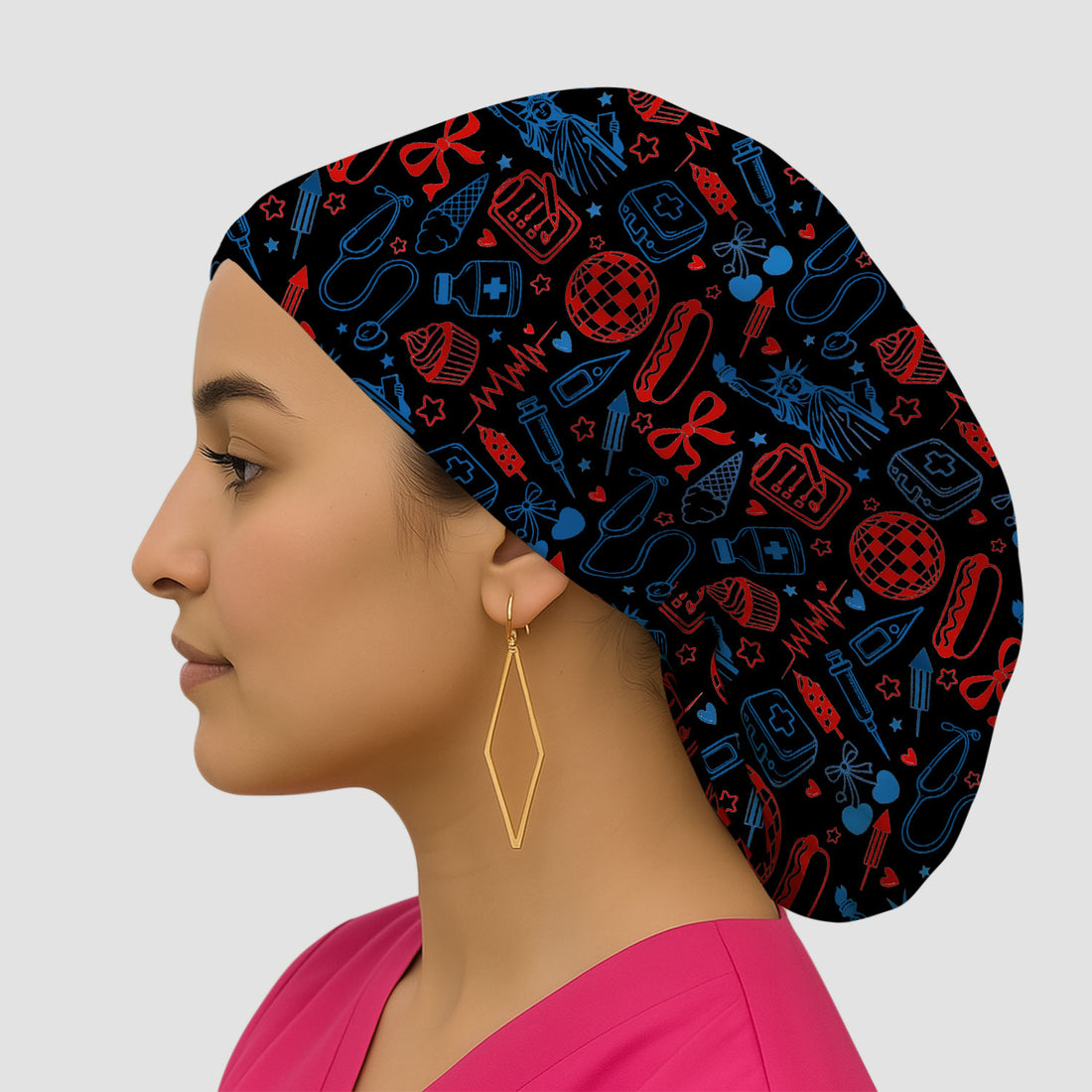 Patriotic Nurse Medical Icons Pattern Print Cap, Bouffant Scrub Caps for Women