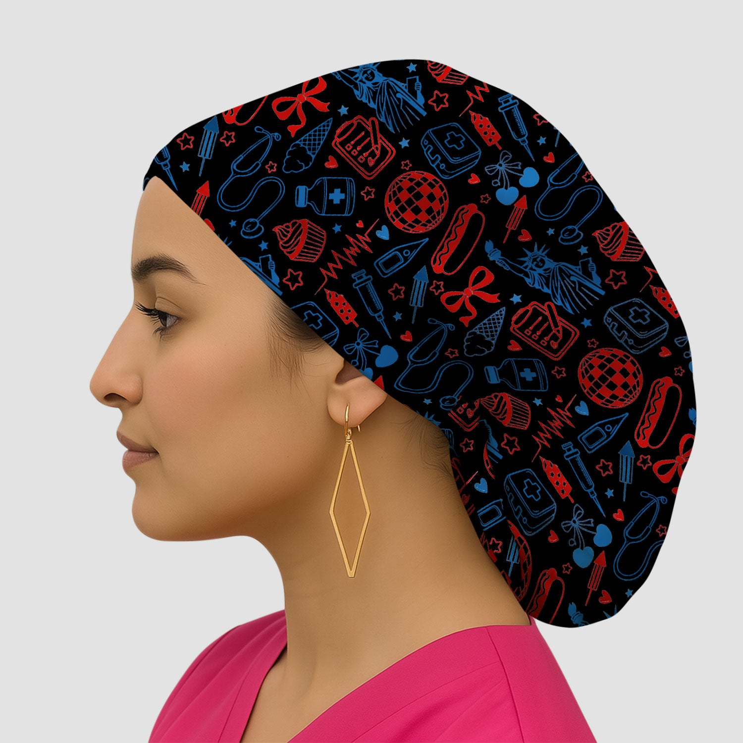 Patriotic Nurse Medical Icons Pattern Print Cap, Bouffant Scrub Caps for Women
