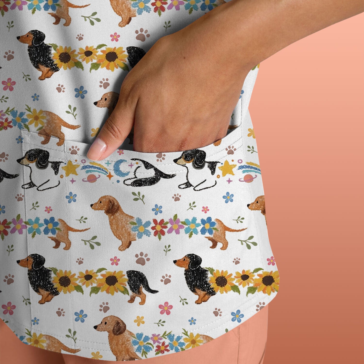 Floral Wiener Dog Pattern Scrub Top, Medical Scrubs for Nurses