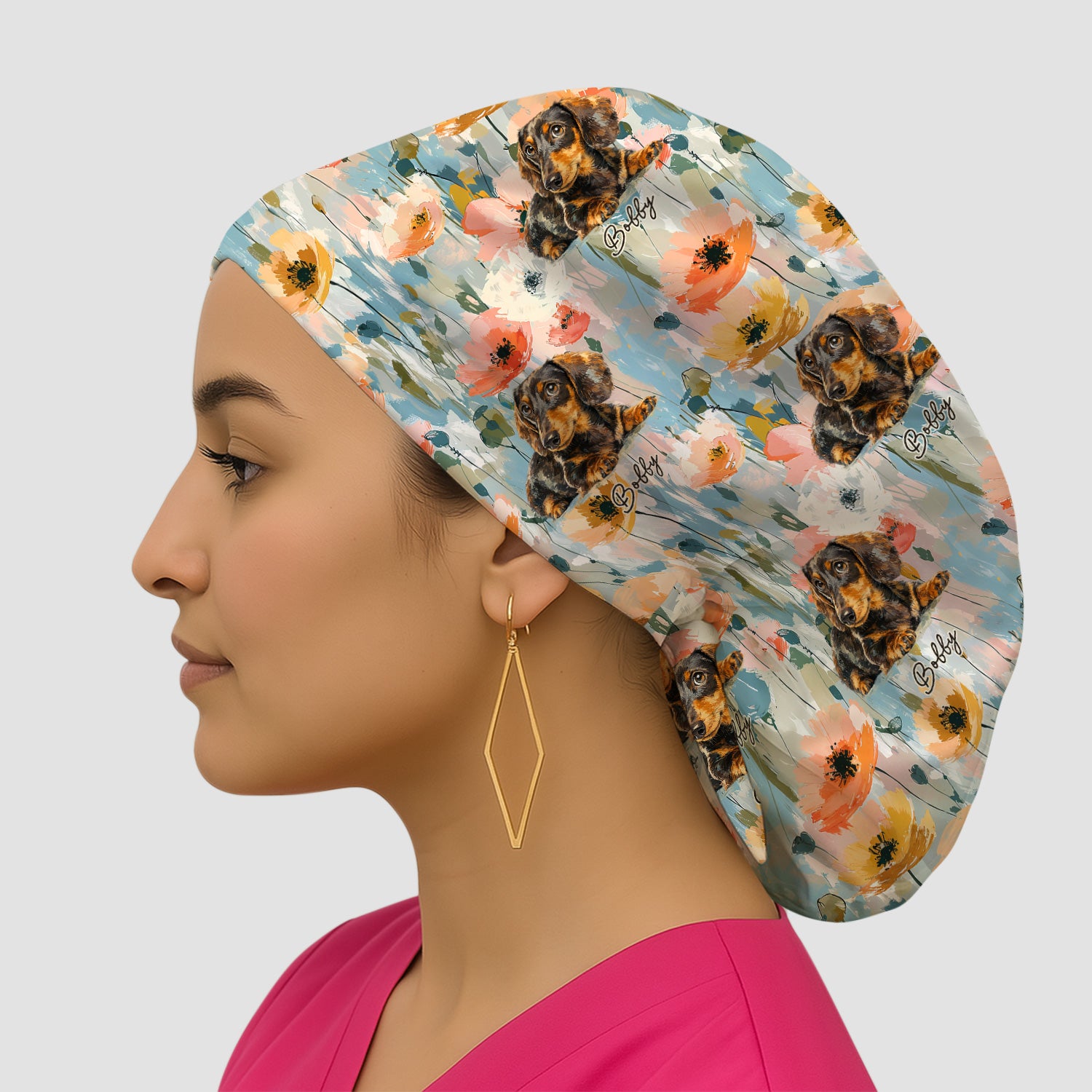 Personalized Dachshund Floral Portrait Pattern Scrub Cap, Surgical Caps for Doctors