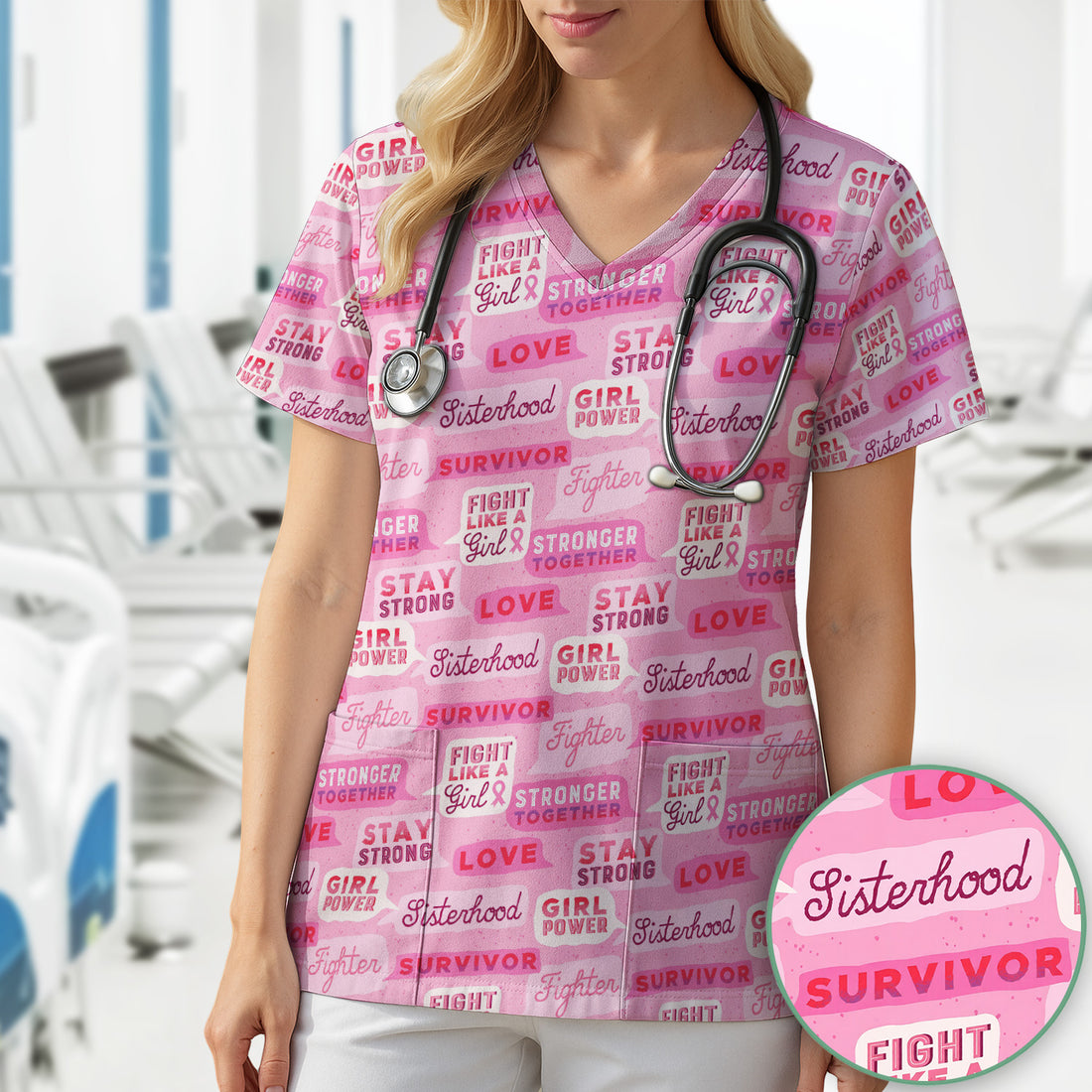Pink Ribbon Quotes Scrub Top, Comfortable Scrubs for Nurses
