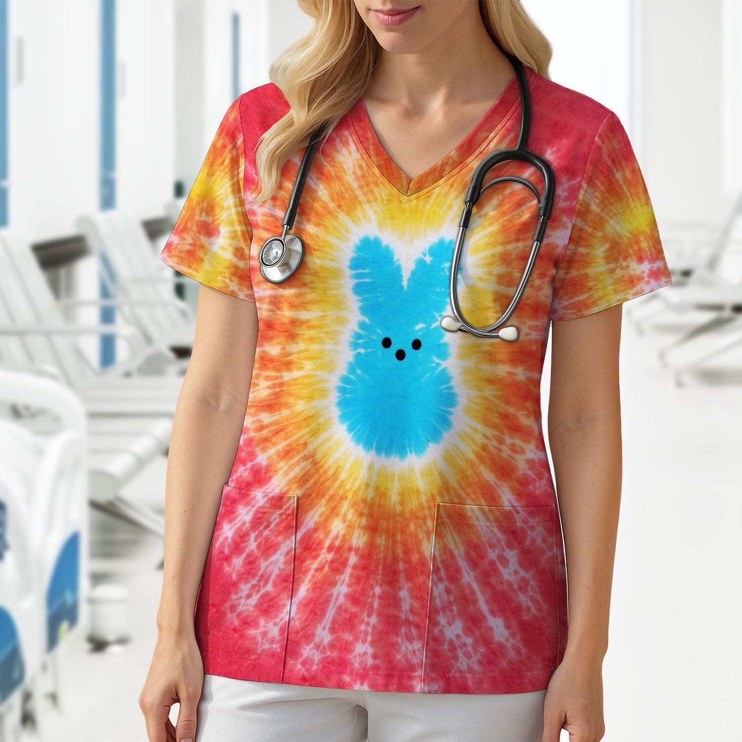 Easter Peep Tie Dye Scrub Top, Easter Bunny Nurse Shirt For Women, Breathable Fabrics Nursing Uniform