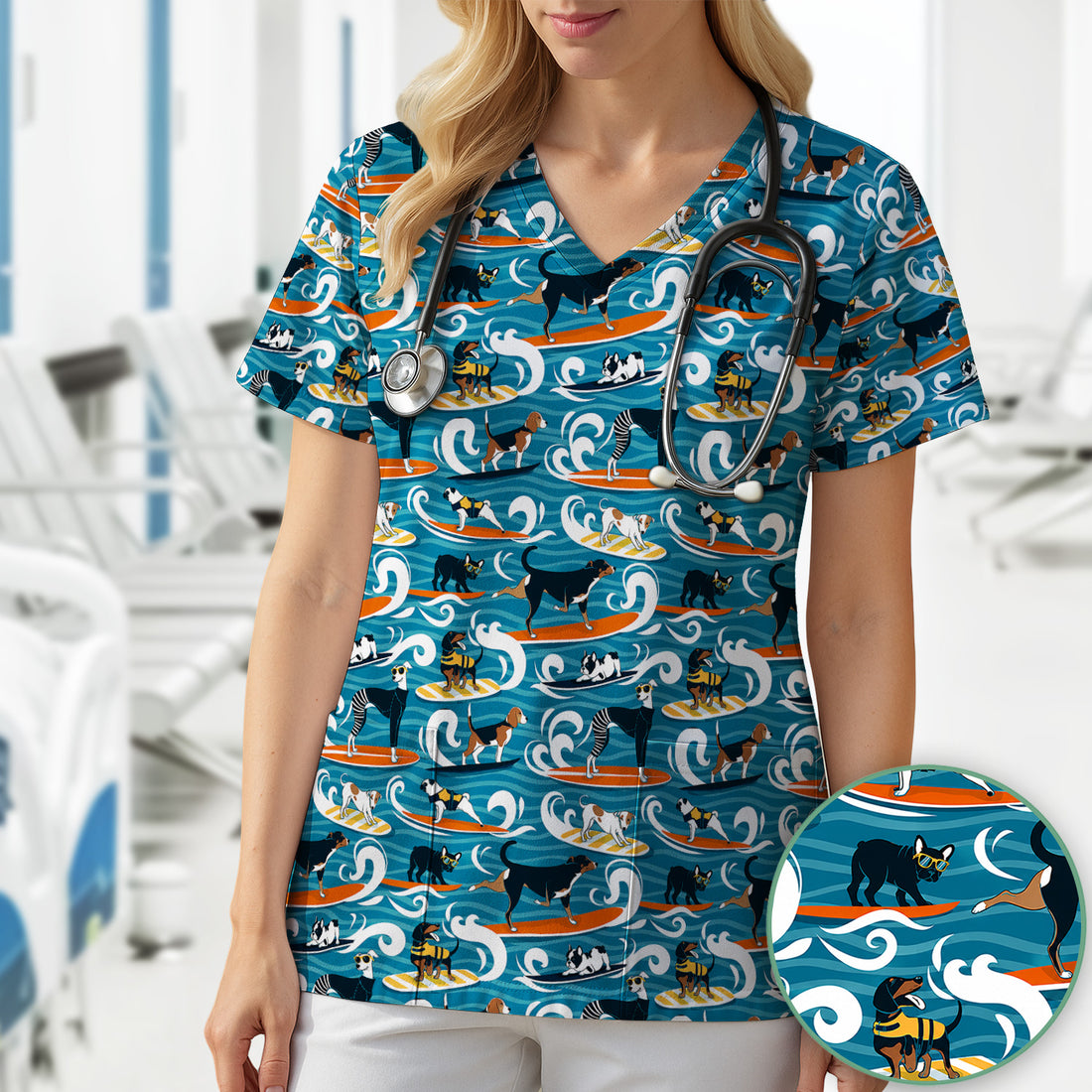 Surfing Dogs Ocean Wave Print Scrub Top, Comfortable Scrubs for Nurses