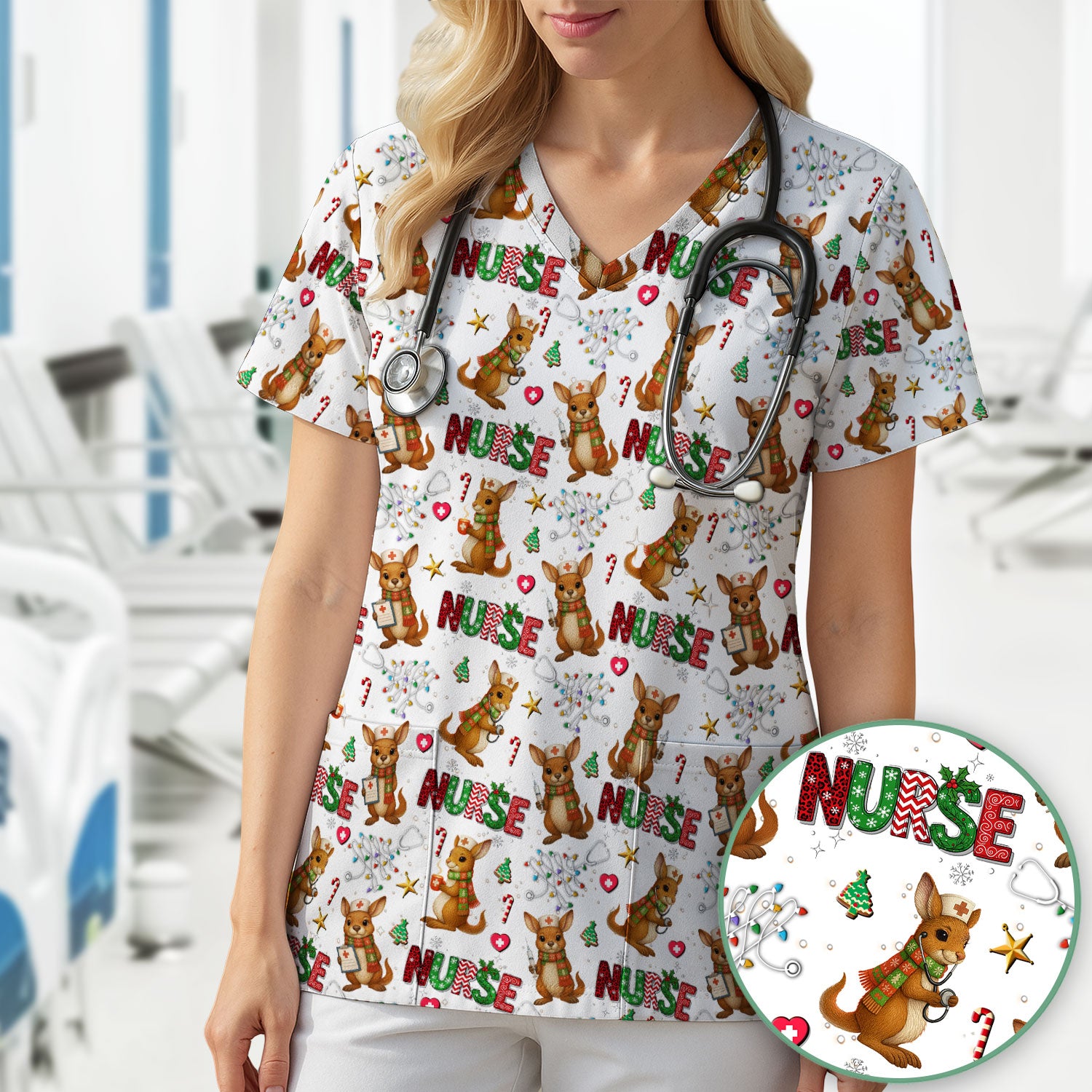 Aussie Kangaroo Christmas Scrub Top - Funny Holiday Nurse Shirt for Women - Cute Animal Medical Uniform
