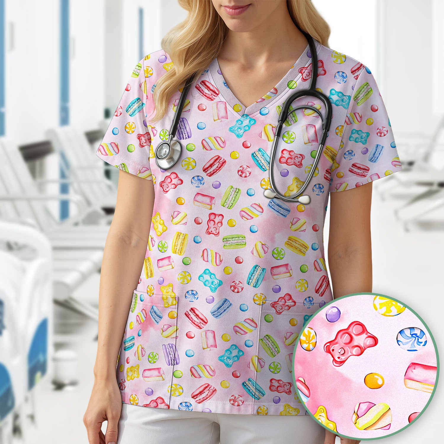 Cute Candy and Macaron Pattern Medical Scrub Top, Comfortable Scrubs for Nurses