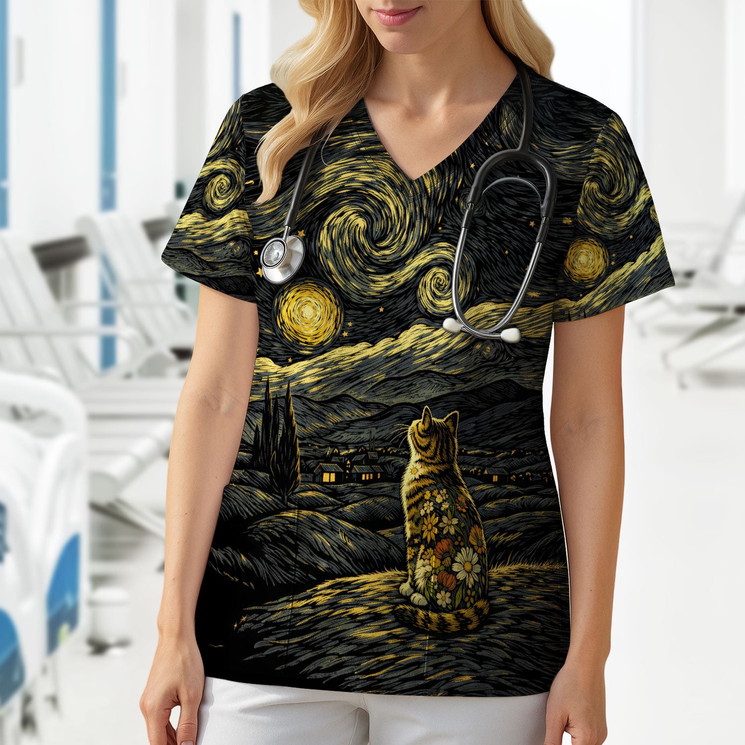 Galaxy Night Sky Cat With Flowers Print Scrub Top, Breathable Fabrics Nursing Uniform