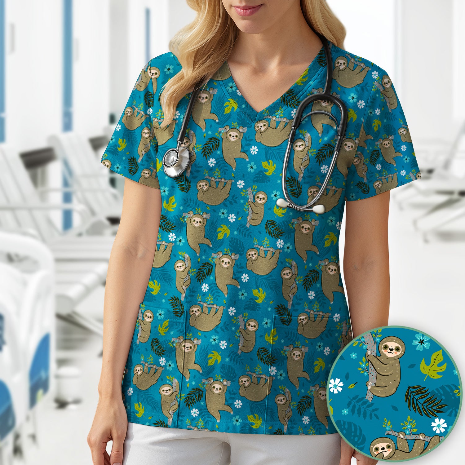 Jungle Tropical Sloth Pattern Scrub Top, Comfortable Scrubs for Nurses