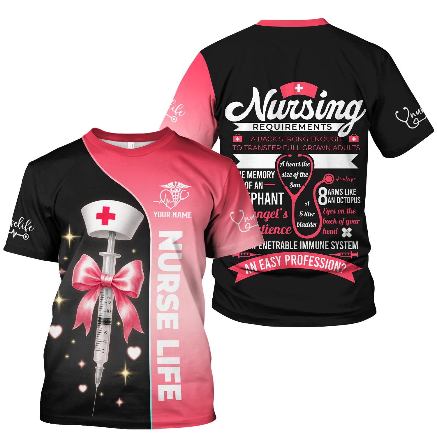 Personalized Nurse Life Scrubs for Women RN LPN CNA - Cute Pink and Black Syringe Bow Design - Funny Medical Quote Gift for Healthcare Workers in Nursing Field