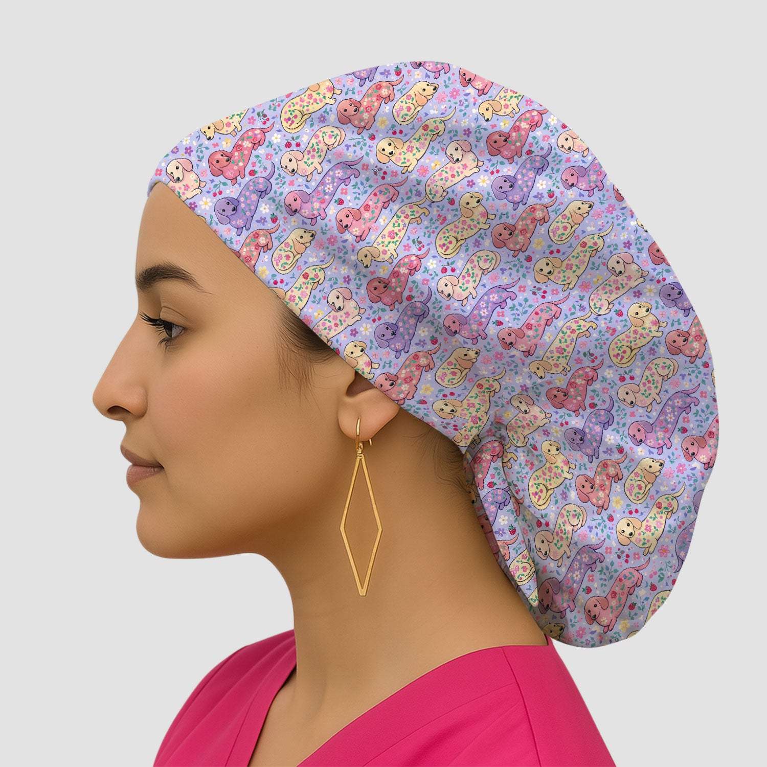 Cute Dachshund Floral Pattern Scrub Cap, Breathable Fabrics Caps Uniform