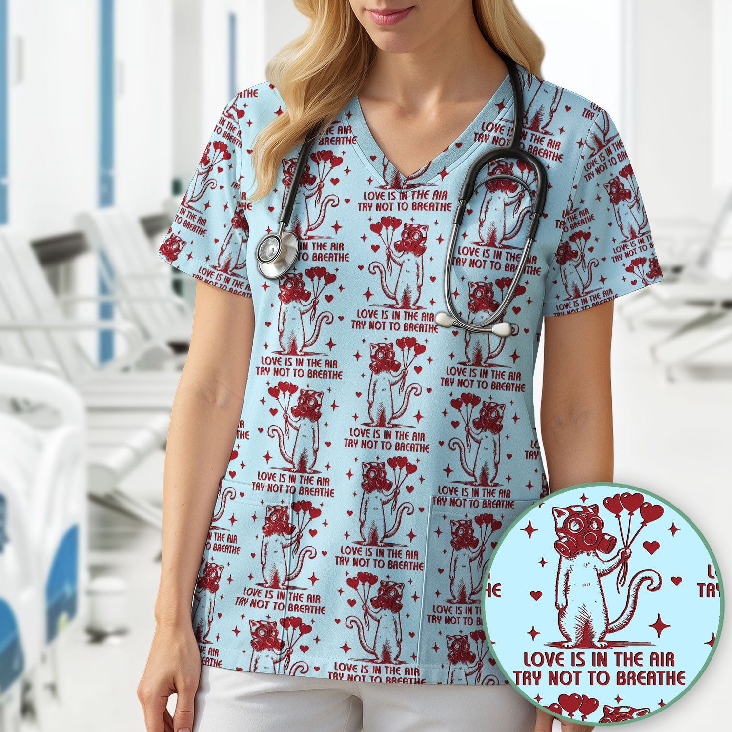 Gas Mask Cat Heart Balloon Valentine Print Scrub Top, Comfortable Scrubs for Nurses