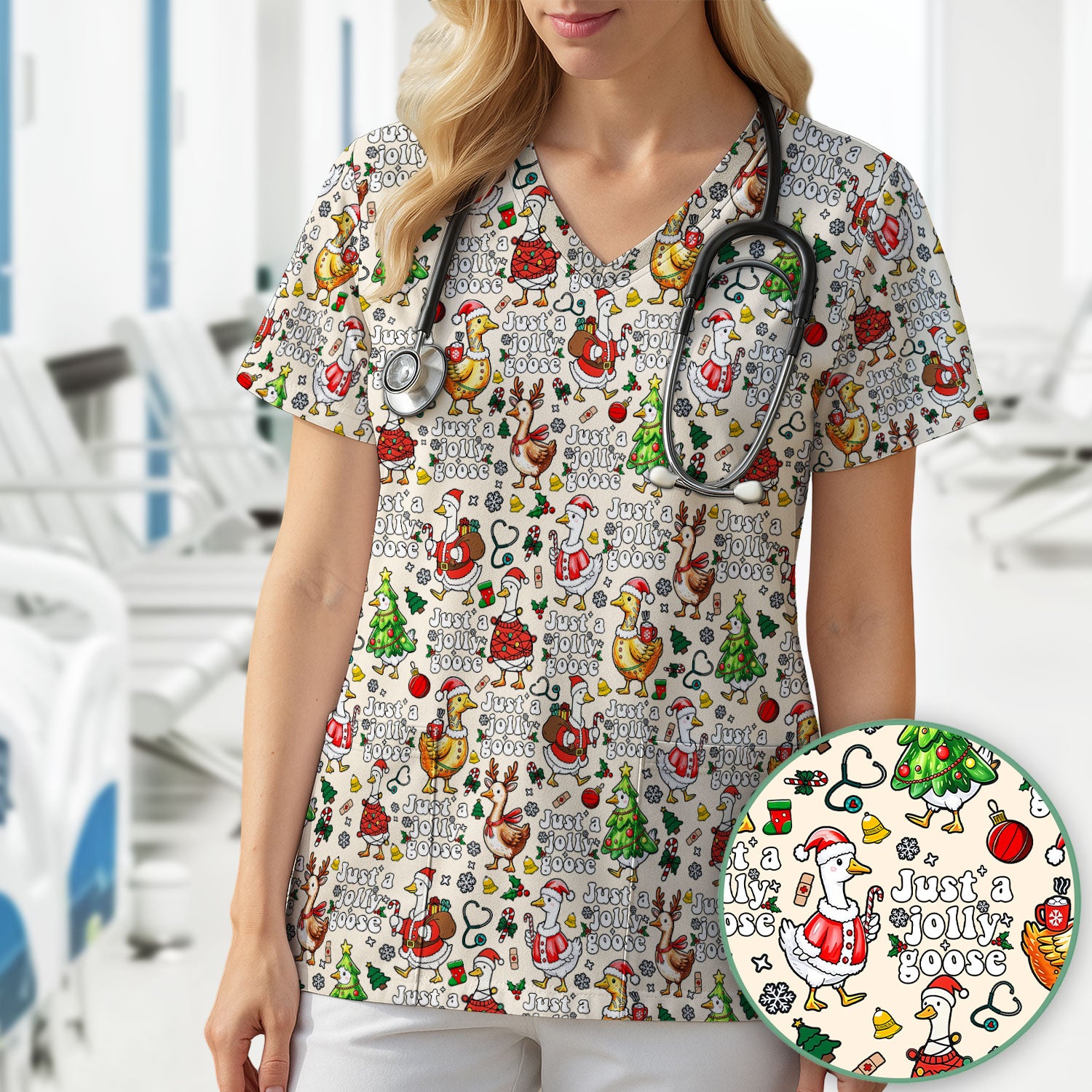 Christmas Goose Scrub Top for Nurse - Funny Jolly Holiday Medical Shirt for Women