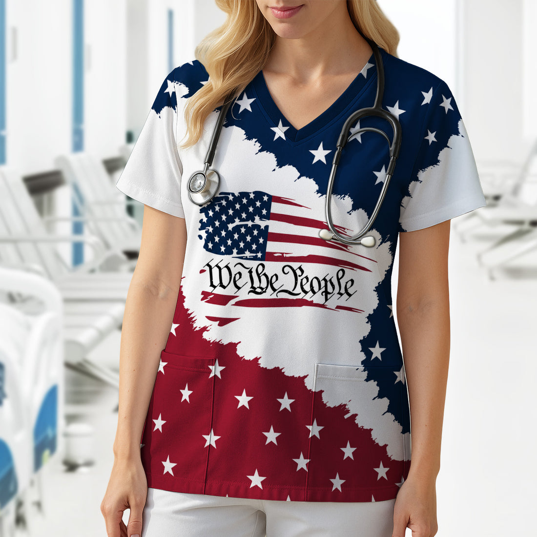 We Be People Flag Pattern Scrub Top, Comfortable Scrubs for Nurses