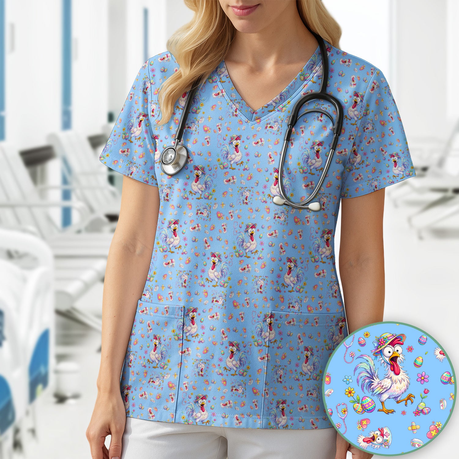 Funny Easter Nurse Chicken Pattern Scrub Top, Comfortable Scrubs for Nurses