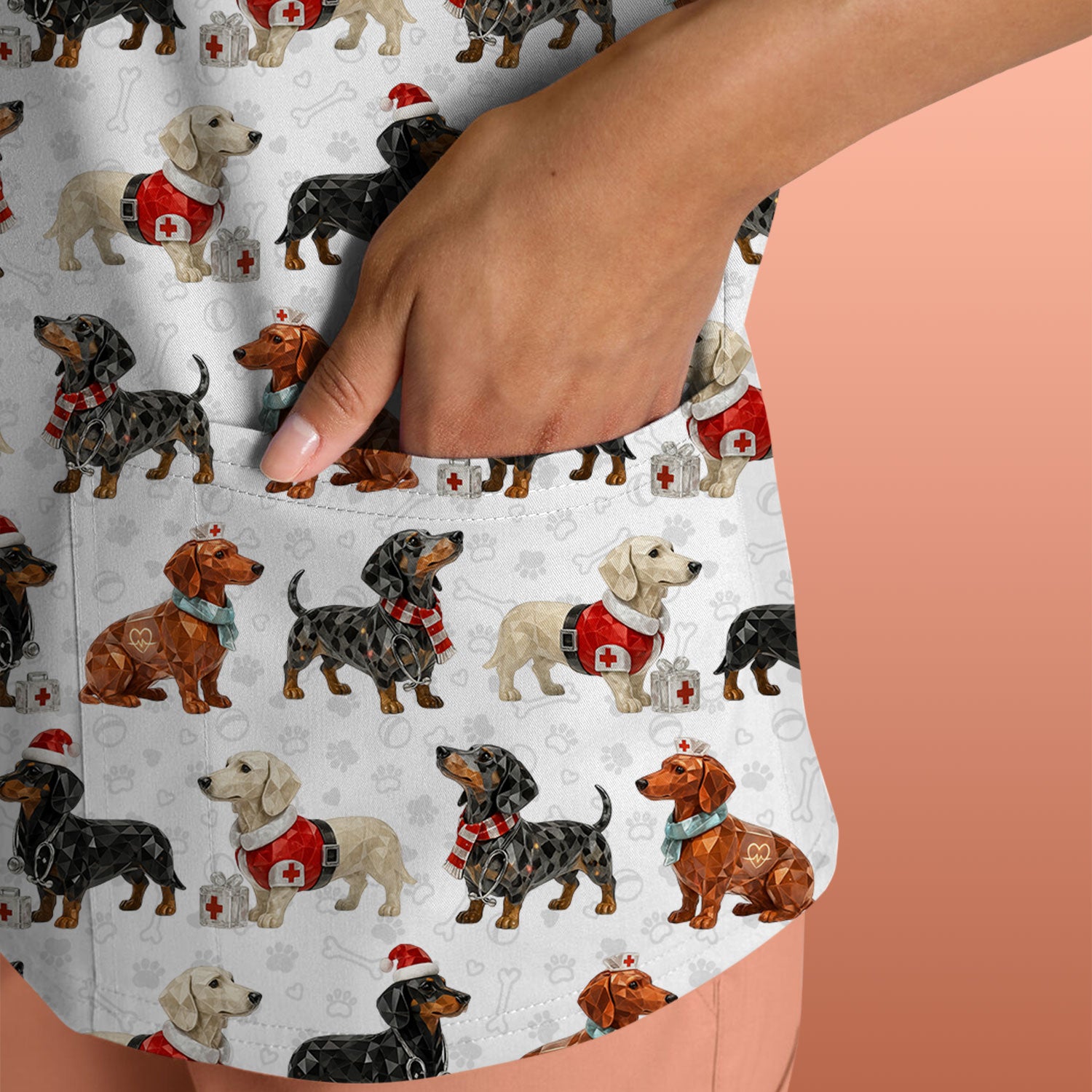 Funny Dachshund Christmas Dog Nurse Scrub Top, Holiday Puppy Medical Uniform Shirt For Nursing
