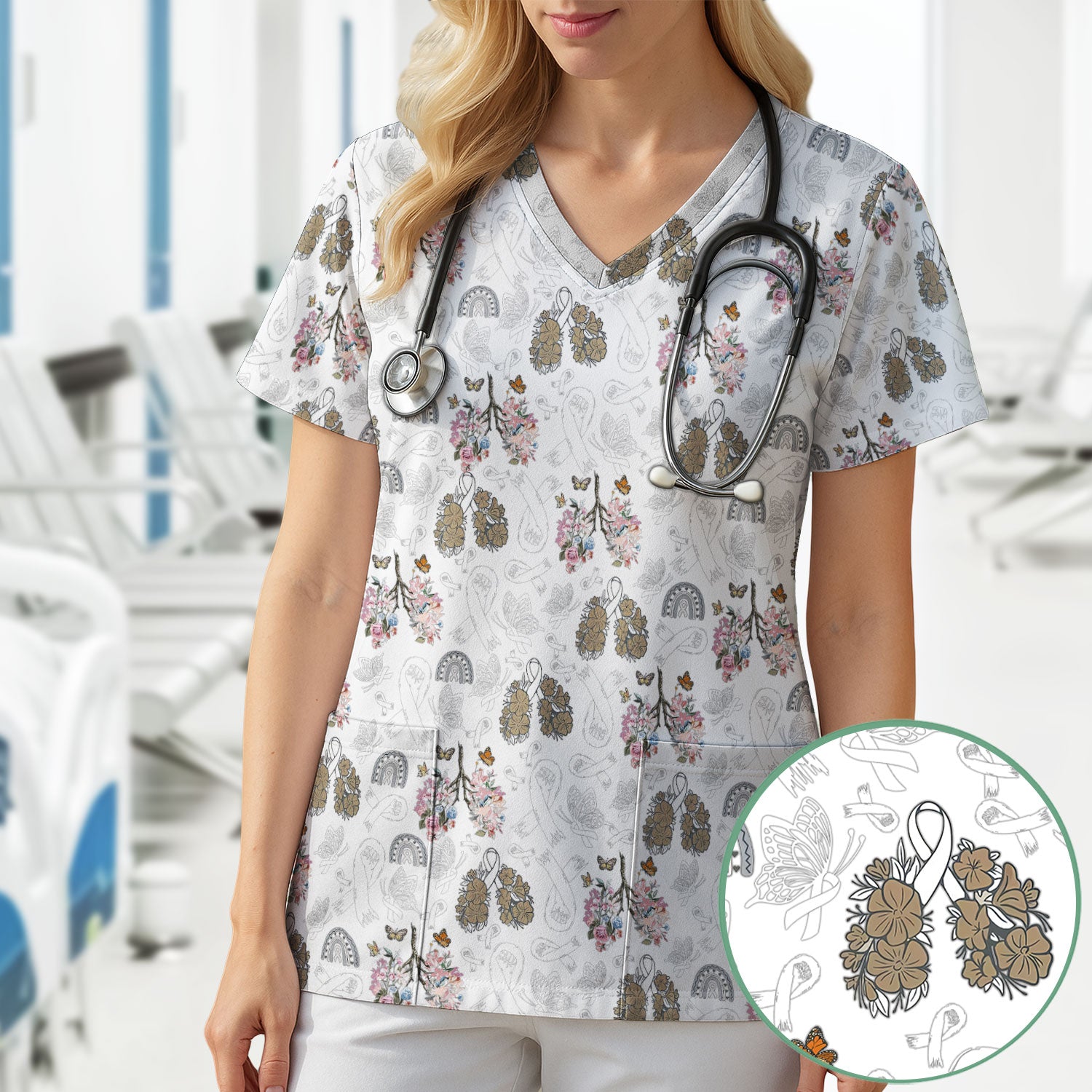 Lung Cancer Awareness Nurse Scrub Top - White Ribbon Butterfly Floral Medical Uniform - Comfortable V-Neck Nursing Shirt Gift
