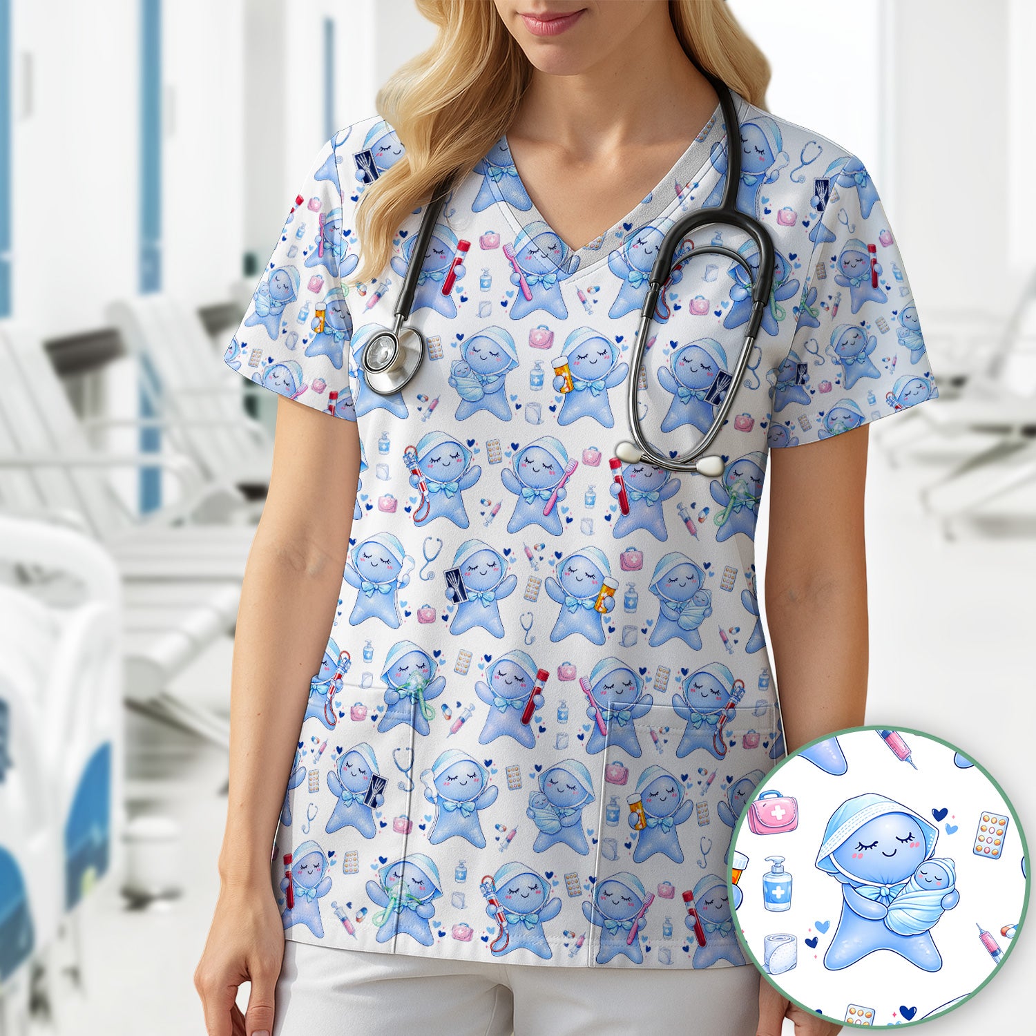 Cute Tooth Character Dental Tools Caring Pattern Scrub Top, Breathable Fabrics Nursing Uniform