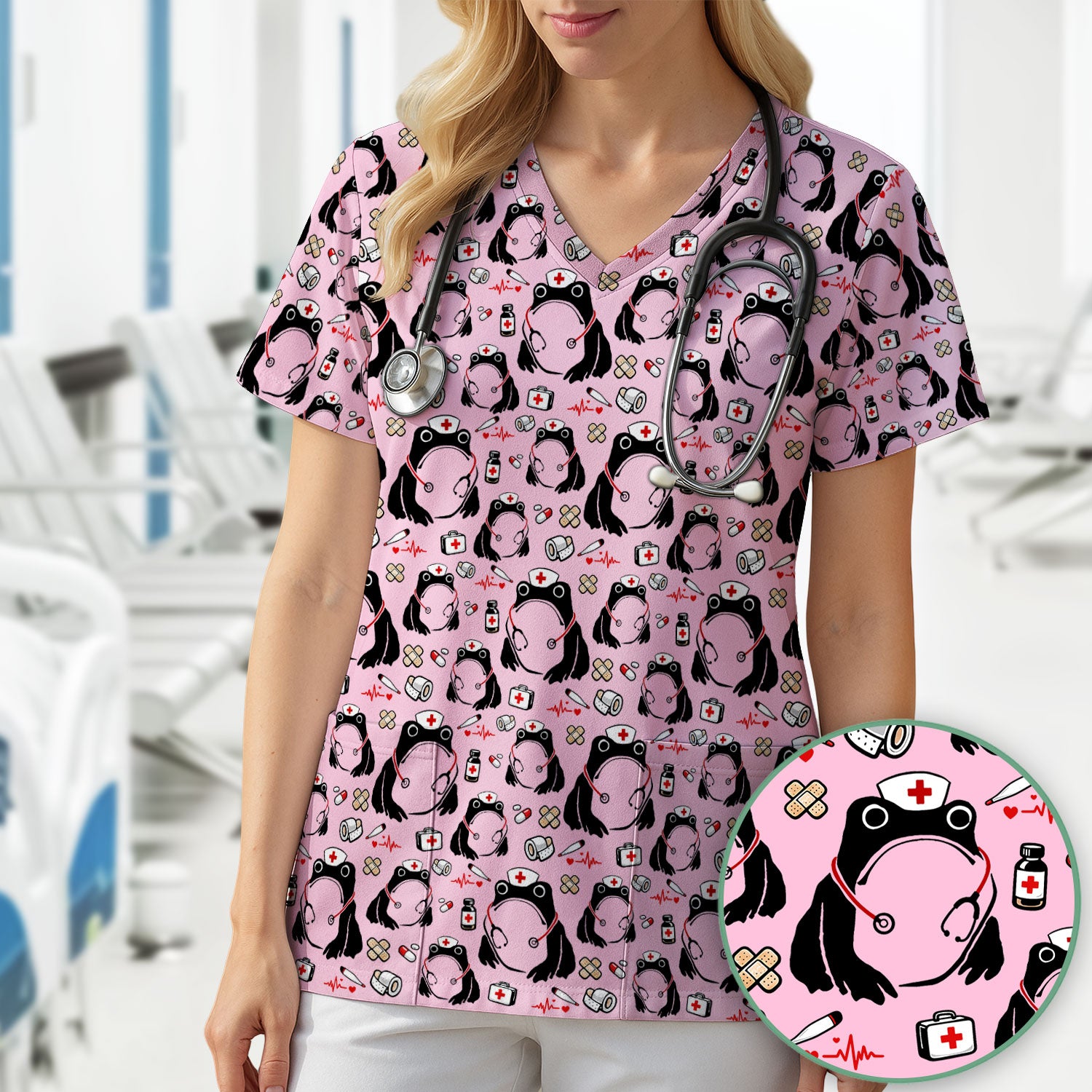 Cute Frog Nurse Medical Print Scrub Top, Comfortable Scrubs for Nurses