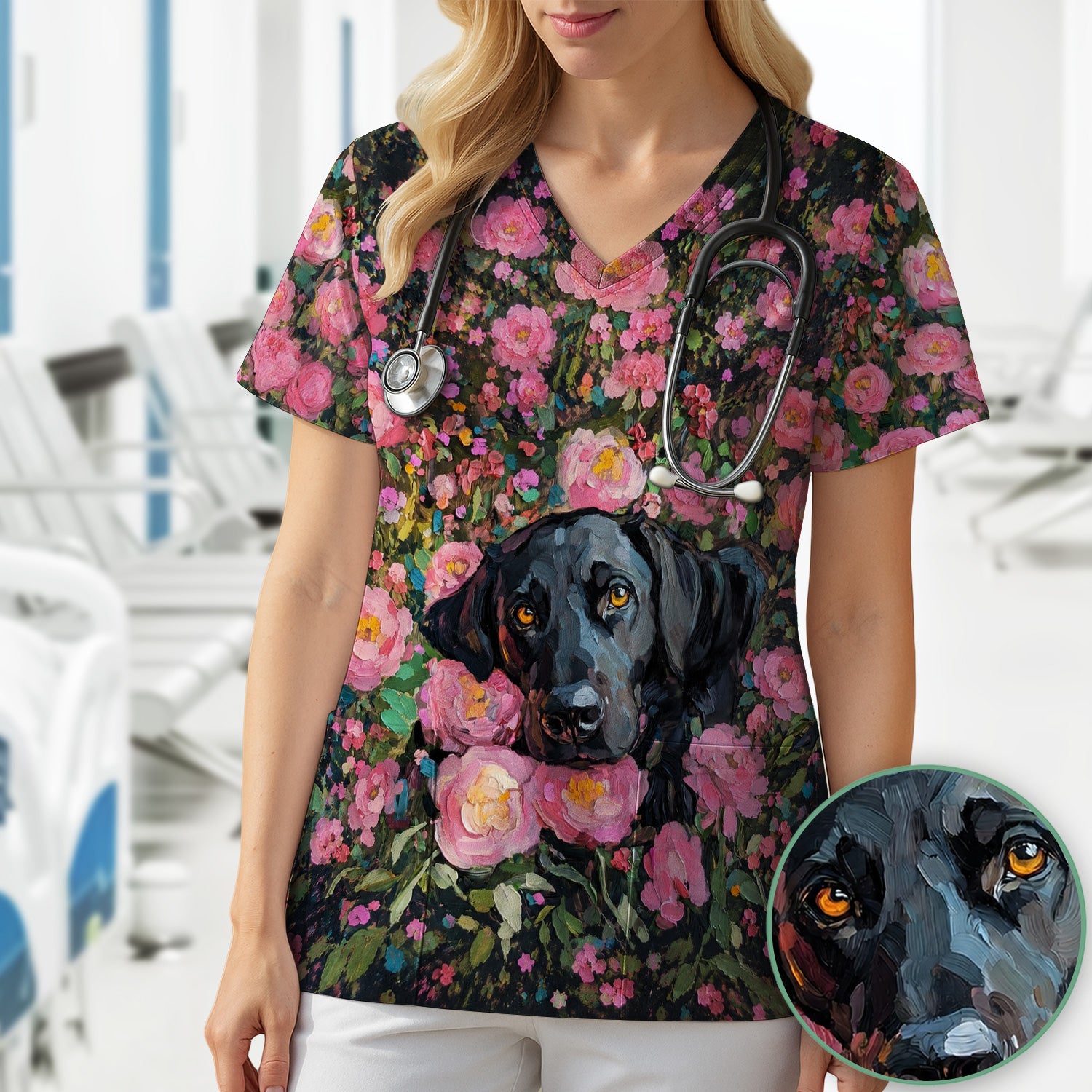 Painterly Floral Black Dog Pattern, Pet Lover Medical Scrub Top, Comfortable Scrubs for Nurses