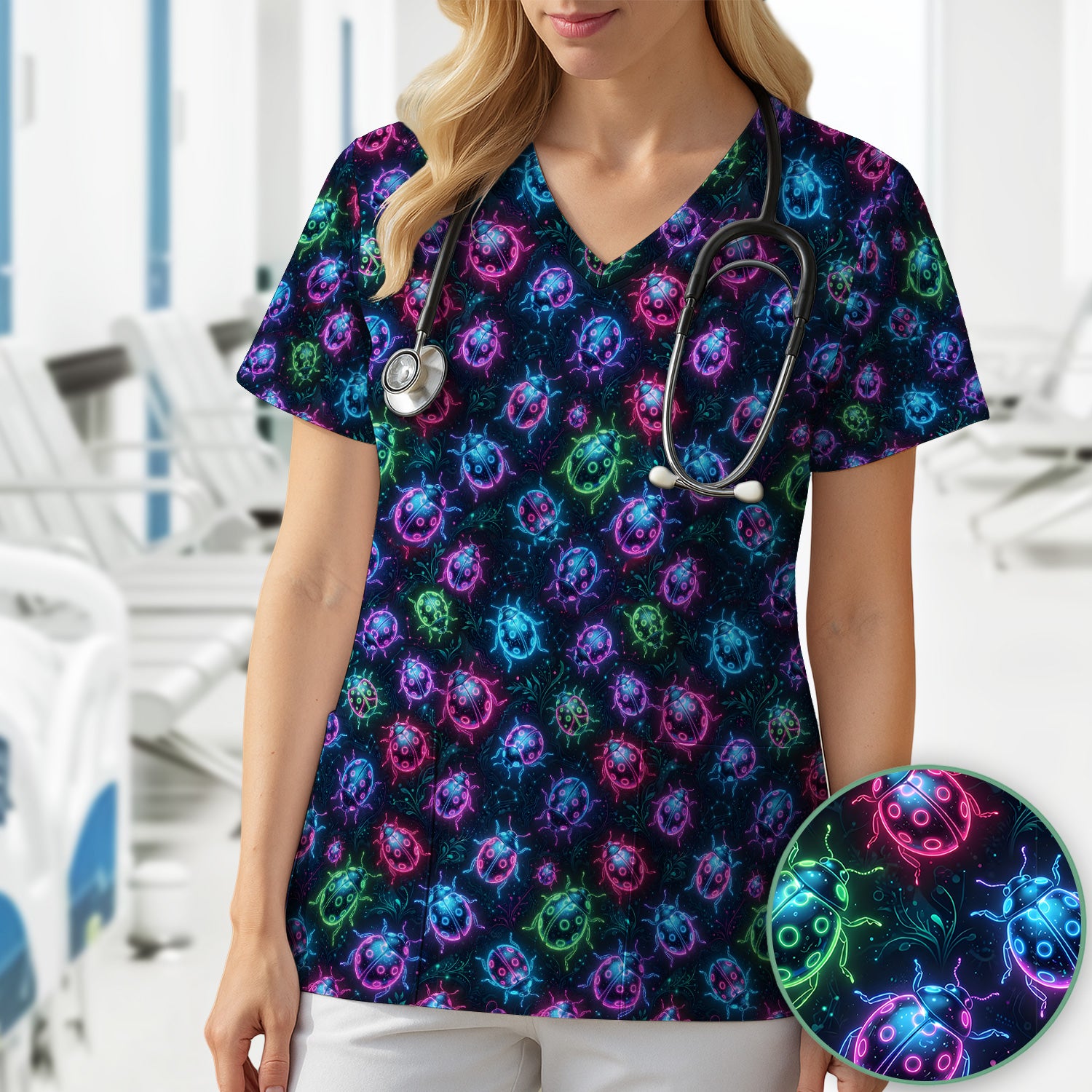 Colorful Neon Ladybug Pattern Scrub Top, Comfortable Scrubs for Nurses
