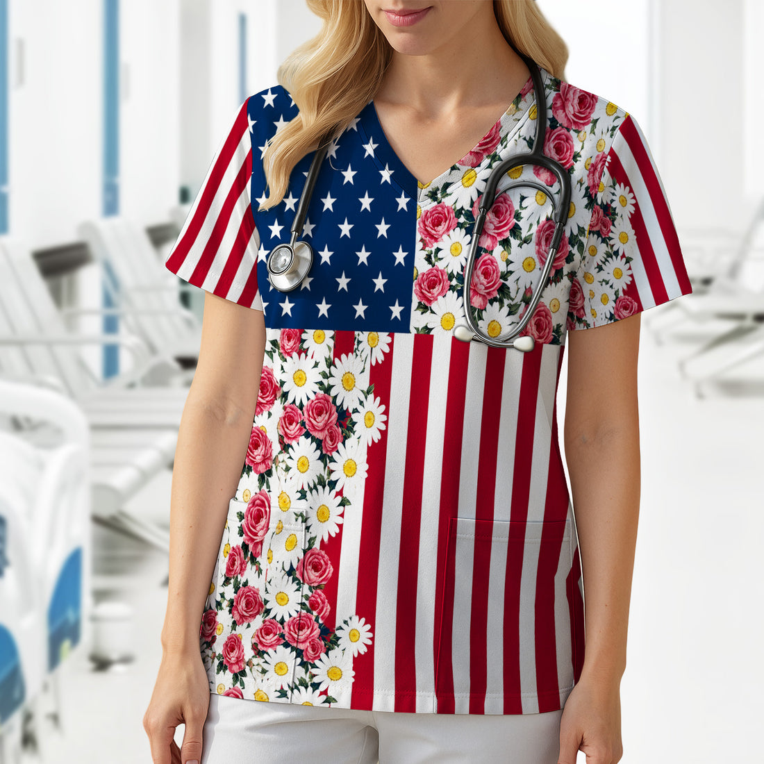 Floral American Flag Nurse Scrub Top for RN, CNA, Healthcare Workers, Patriotic Uniform Scrub Top, Comfortable Scrubs for Nurses