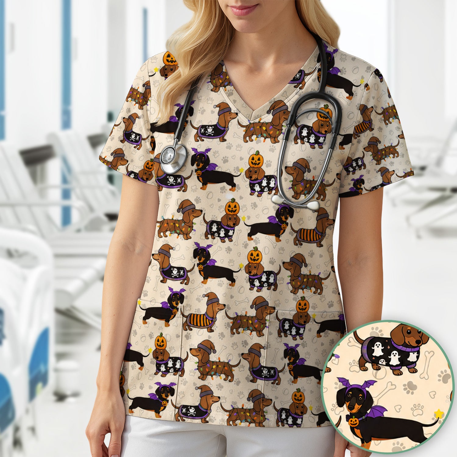 Halloween Dachshund with Pumpkin Ghost Print Scrub Top, Comfortable Scrubs for Nurses