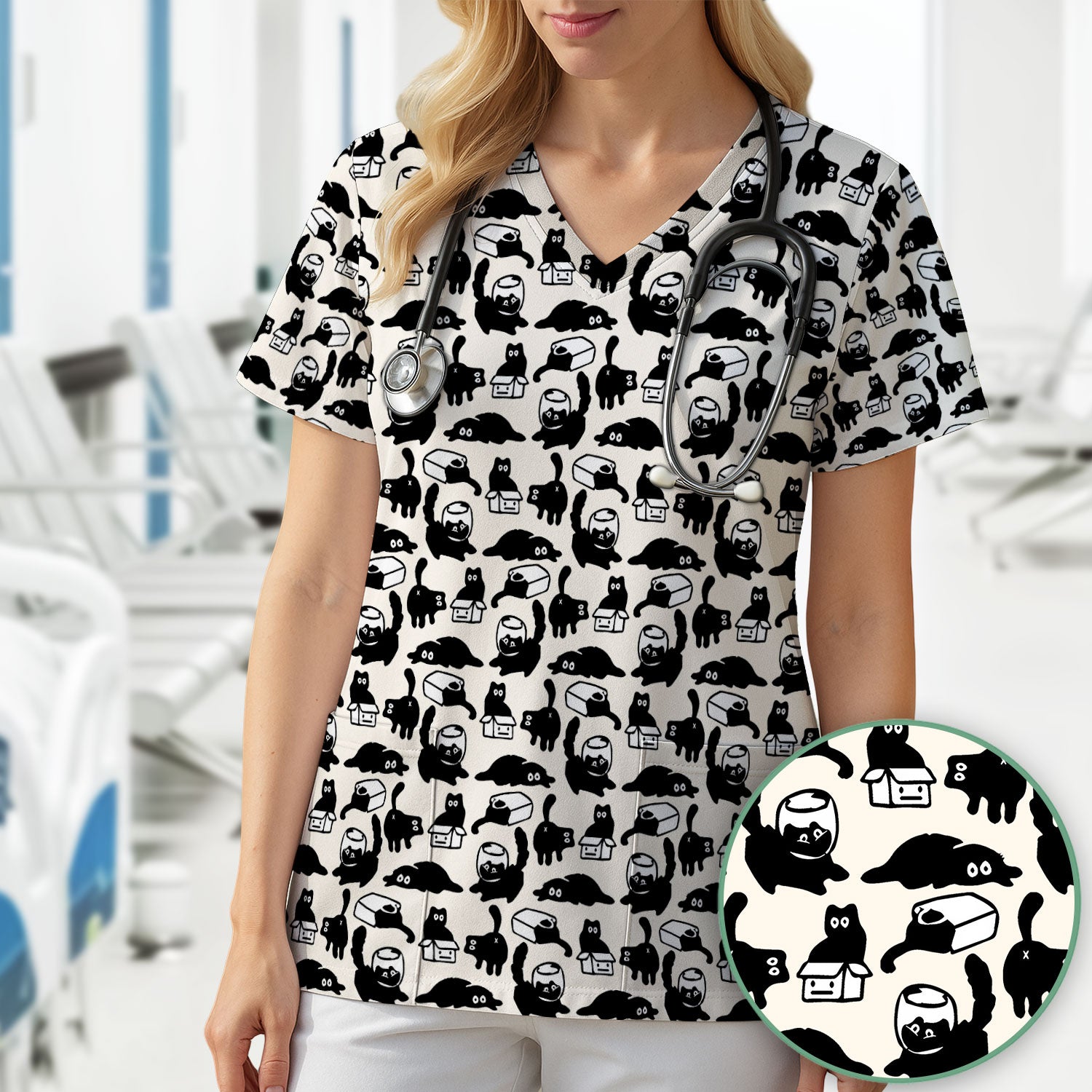 Dark Playful Cat Cartoon Pattern Scrub Top, Comfortable Scrubs for Nurses