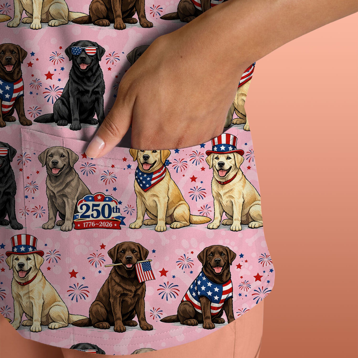 4th of July Labrador Dog Patriotic Print Scrub Top, USA Flag Nursing Uniform for Women