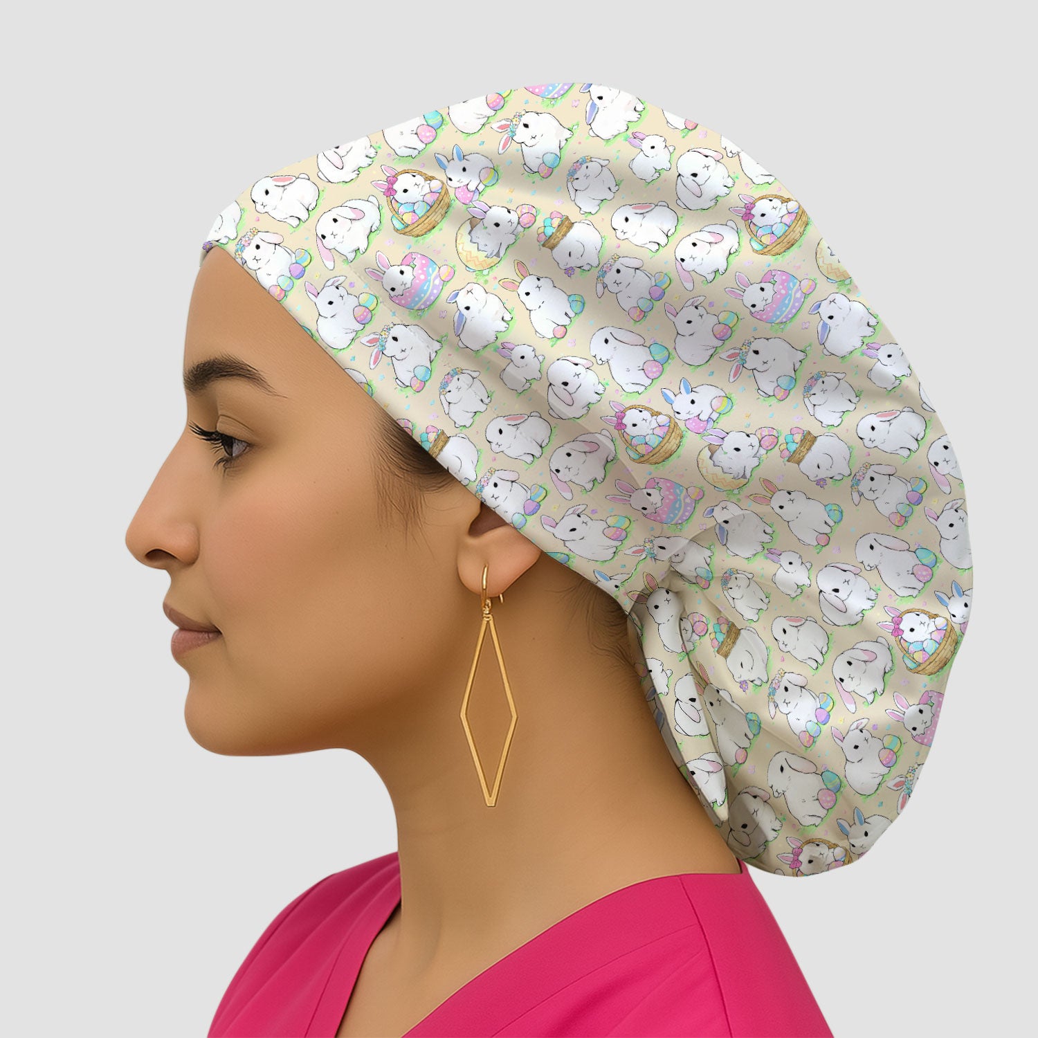 Cute Easter Bunny Egg Pattern Print Cap, Bouffant Scrub Caps for Women