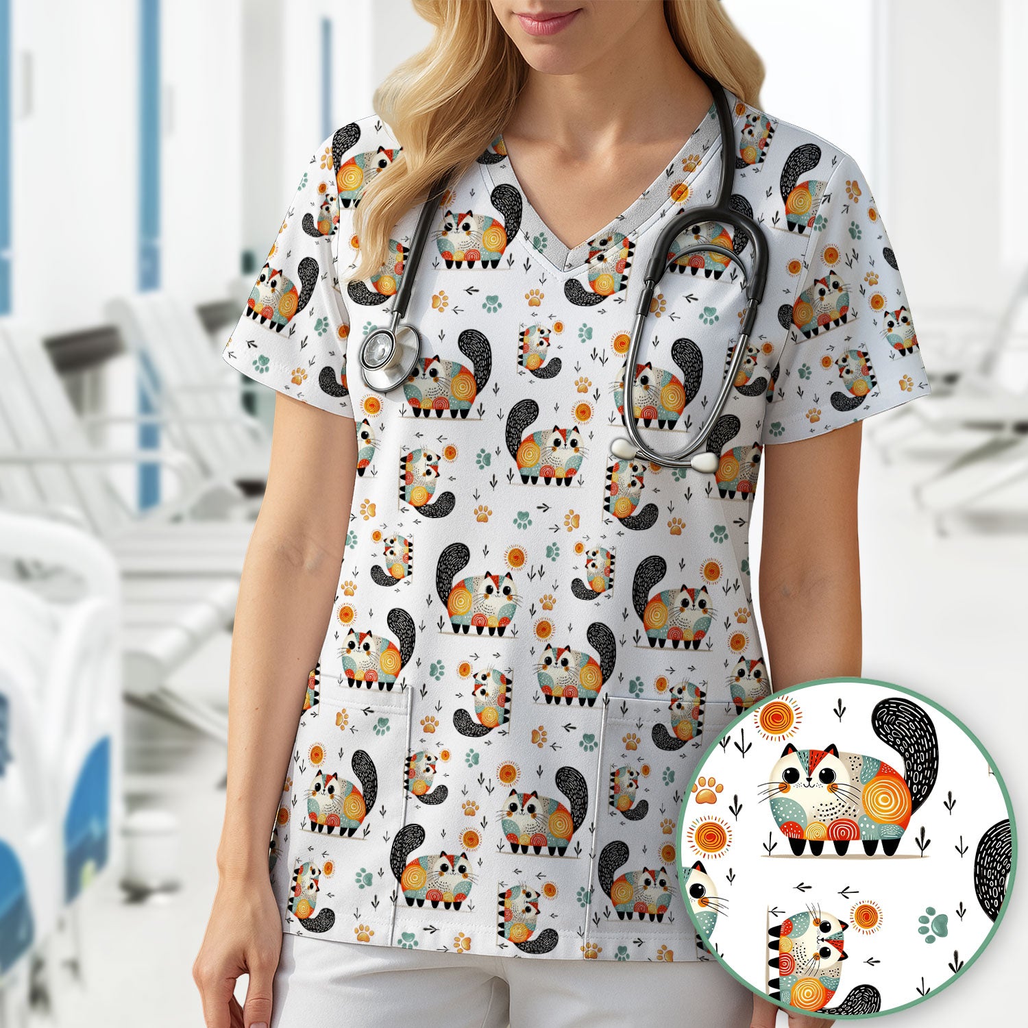 Playful Cat Illustration Nurse Scrub Top, Comfortable Scrubs for Nurses