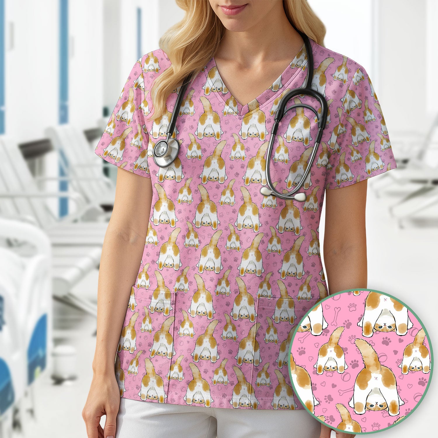 Cute Cat Butt Nurse Scrub Top, Cat Pattern Medical Shirt For Pet Lover, Breathable Fabrics Nursing Uniform